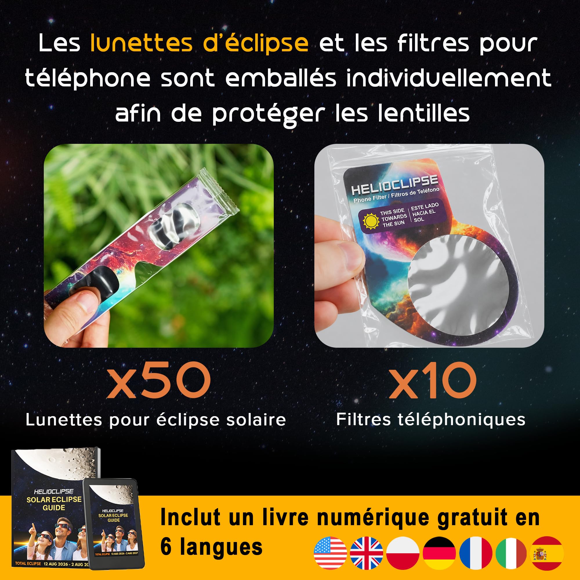 Helioclipse 50x Lunette Eclipse Solaire 2026 ISO 12312-2 - Lunettes Eclipse Solaire - Lunette pour Eclipse Solaire - Bonus 10x filtre pour téléphone