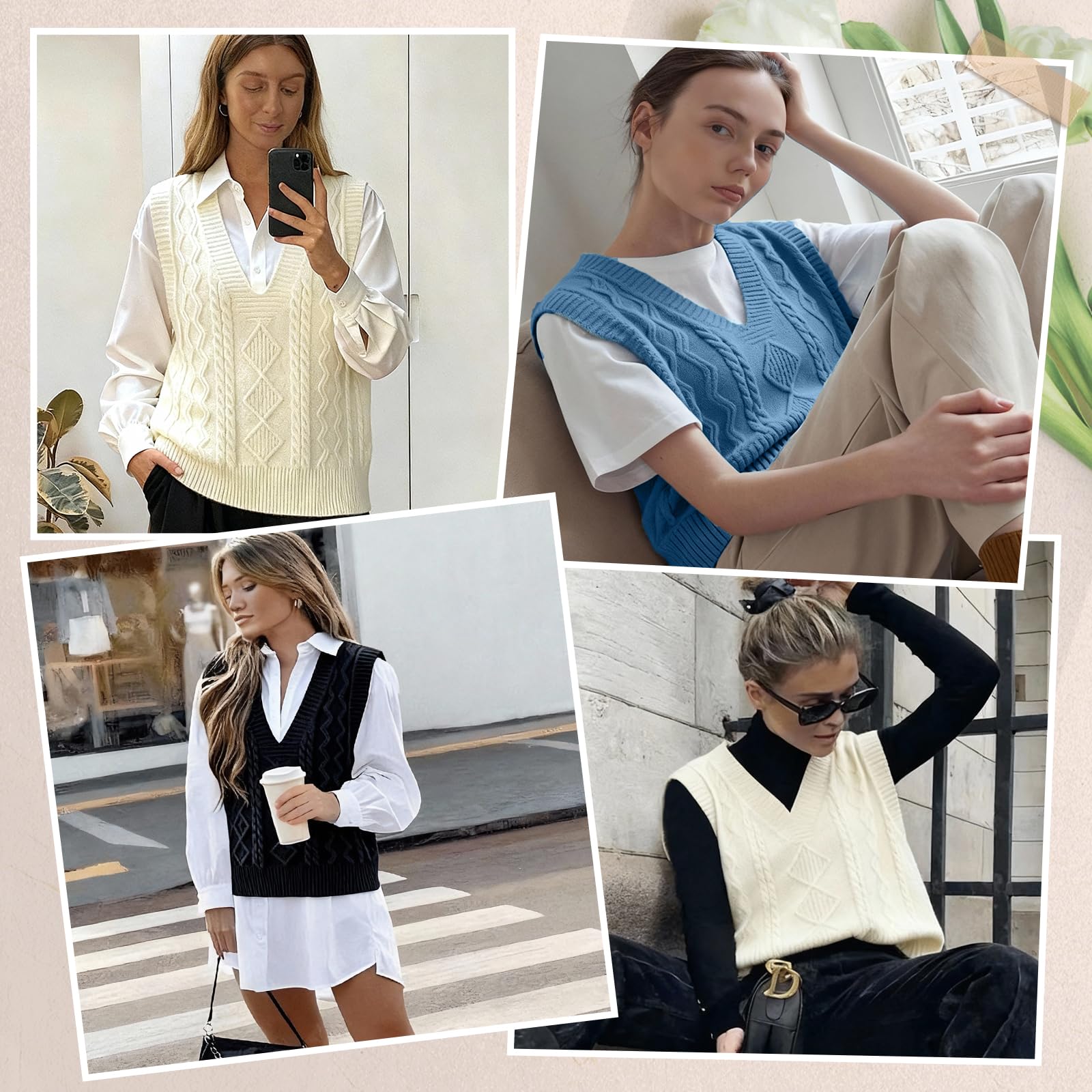 Maglione da donna, elegante, scollo a V, nero, senza maniche, bianco, alla moda autunnale Academia, maglione invernale