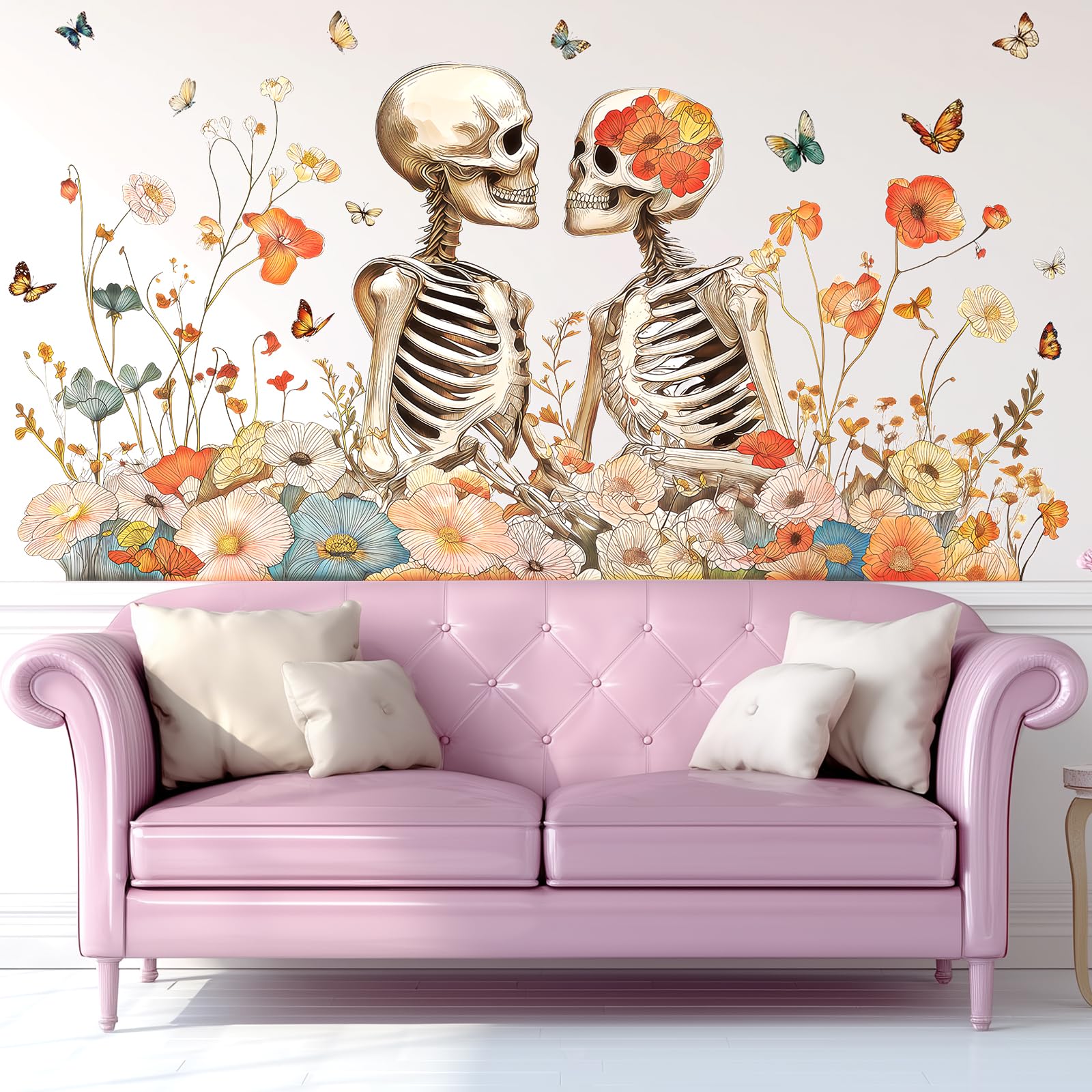 Vepret Brown Large Skeleton Coupls Wall Decals Peel And Stick, Floral Flower Butterfly Wall Stickers, Removable Vinyl Home Decor Art Wallpaper For Bedroom Living Room Classroom Office