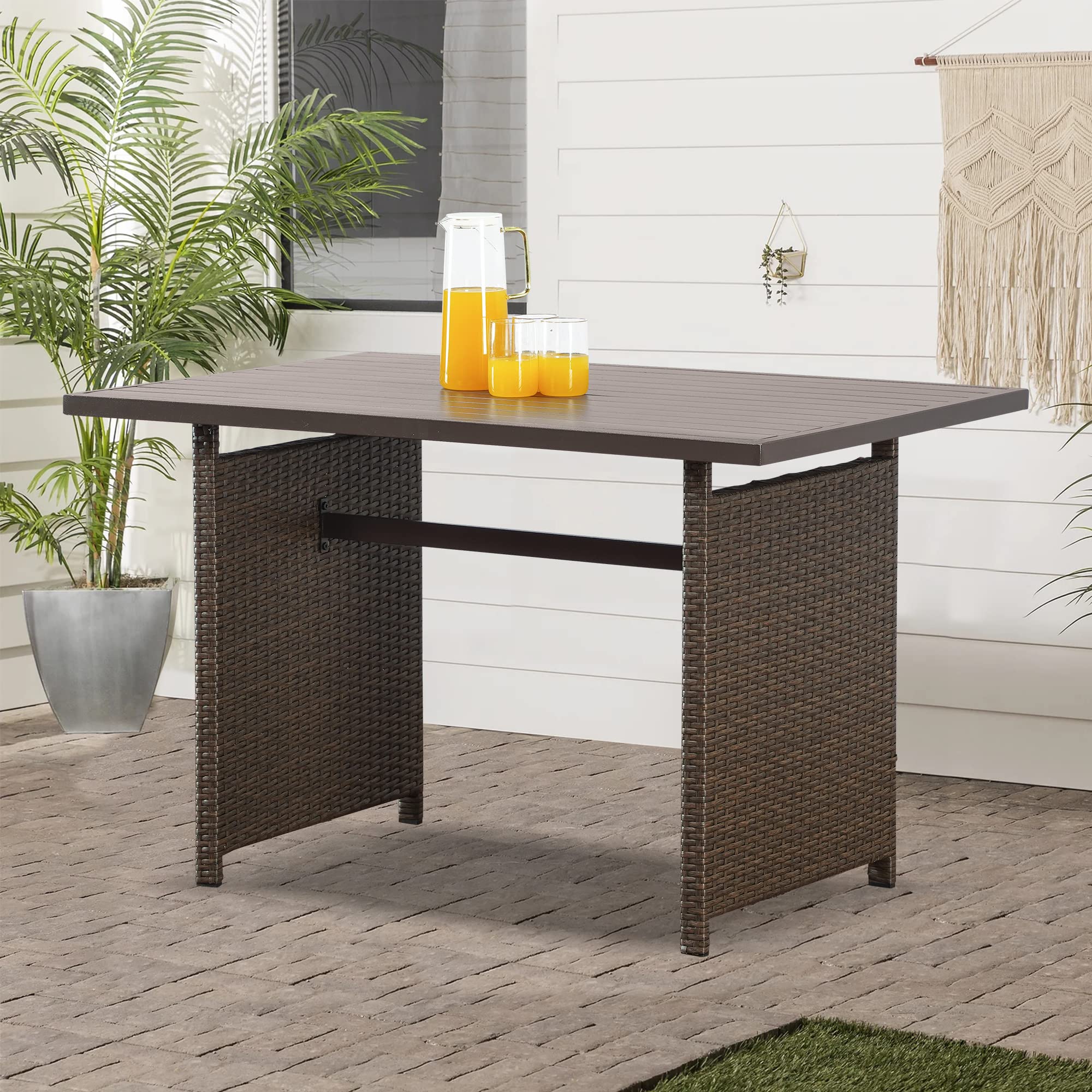 SUNVIVI OUTDOOR Patio Dining Table, Rectangular Wicker Furniture Dining Table with Aluminum Top, Lightweight, Waterproof, Brown