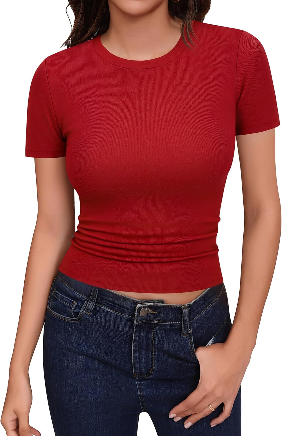 Missufe Women's Crew Neck Short Sleeve Ribbed Knit Slim Fit Summer Casual Basic T Shirt Crop Top 2025 Trendy Y2k Outfits