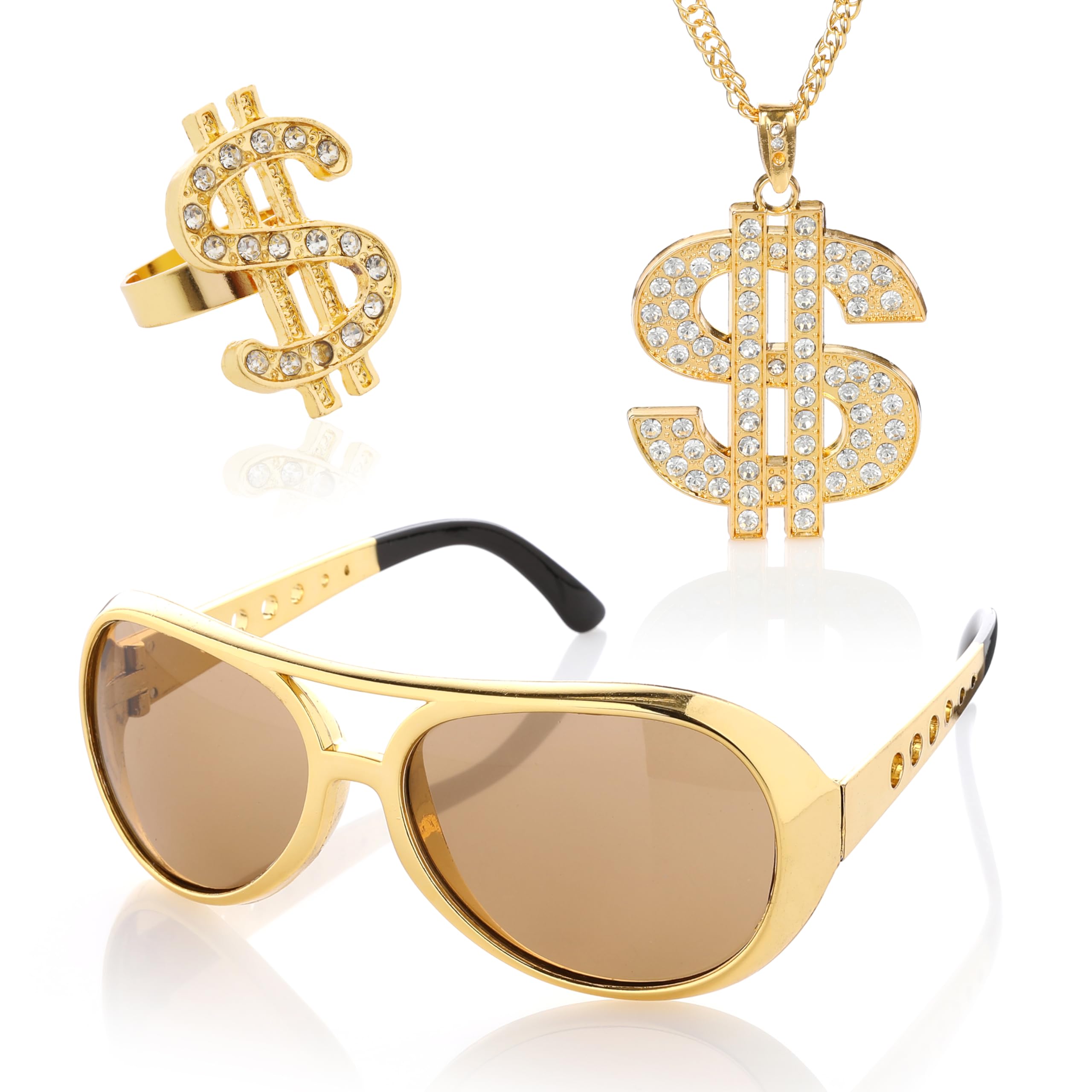 Dollar Accessoires zestaw 3 szt. - męskie akcesoria gangsterskie w stylu hip-hopowym - okulary, pierścionki i okulary przeciwsłoneczne na karnawał lub karnawał