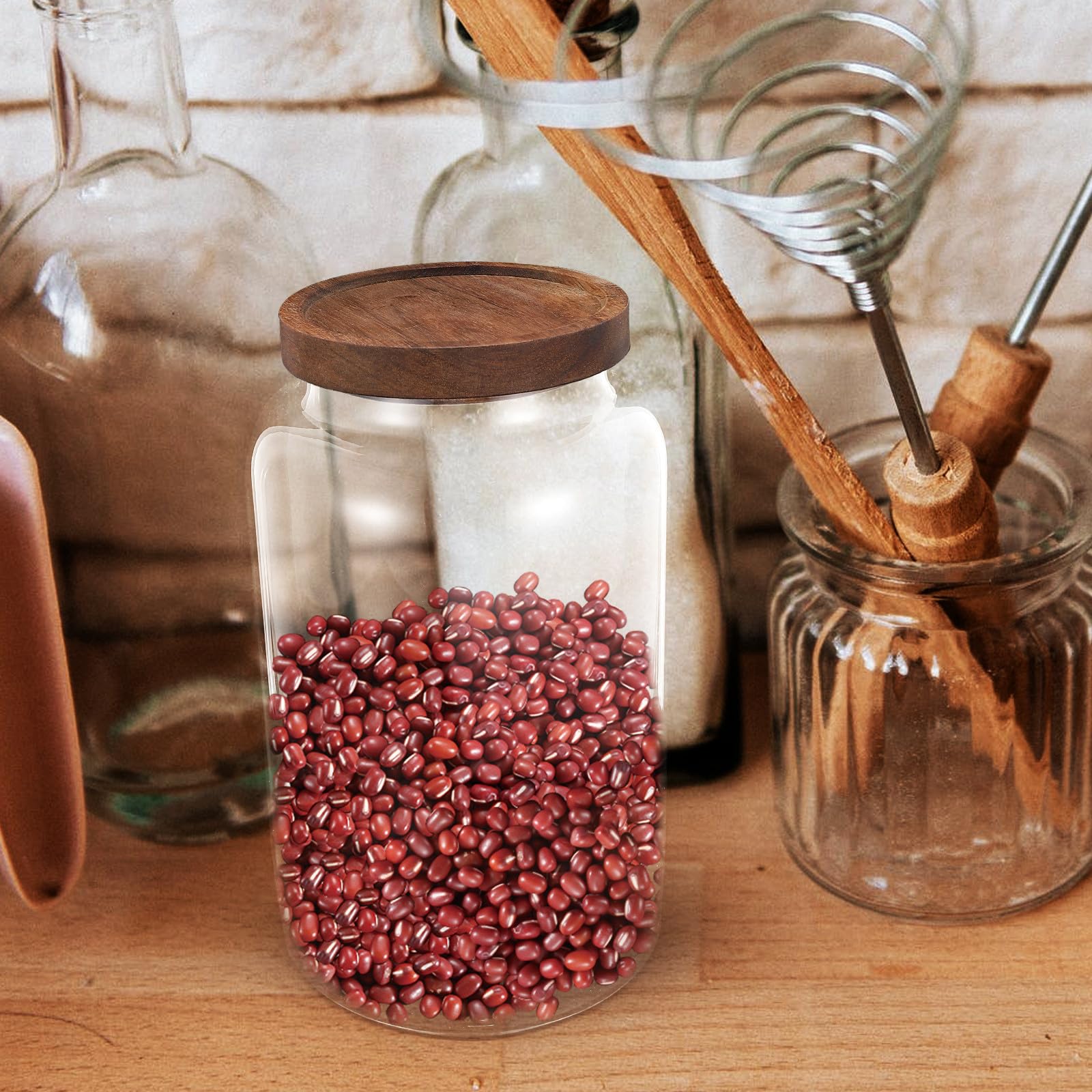 2, 8l Glas Vorratsglas mit Holzdeckel für Lebensmittel | Flacher Boden, Transparentes Design, für Küche und Tisch, Geeignet für Getreide, Tee und Süßwaren