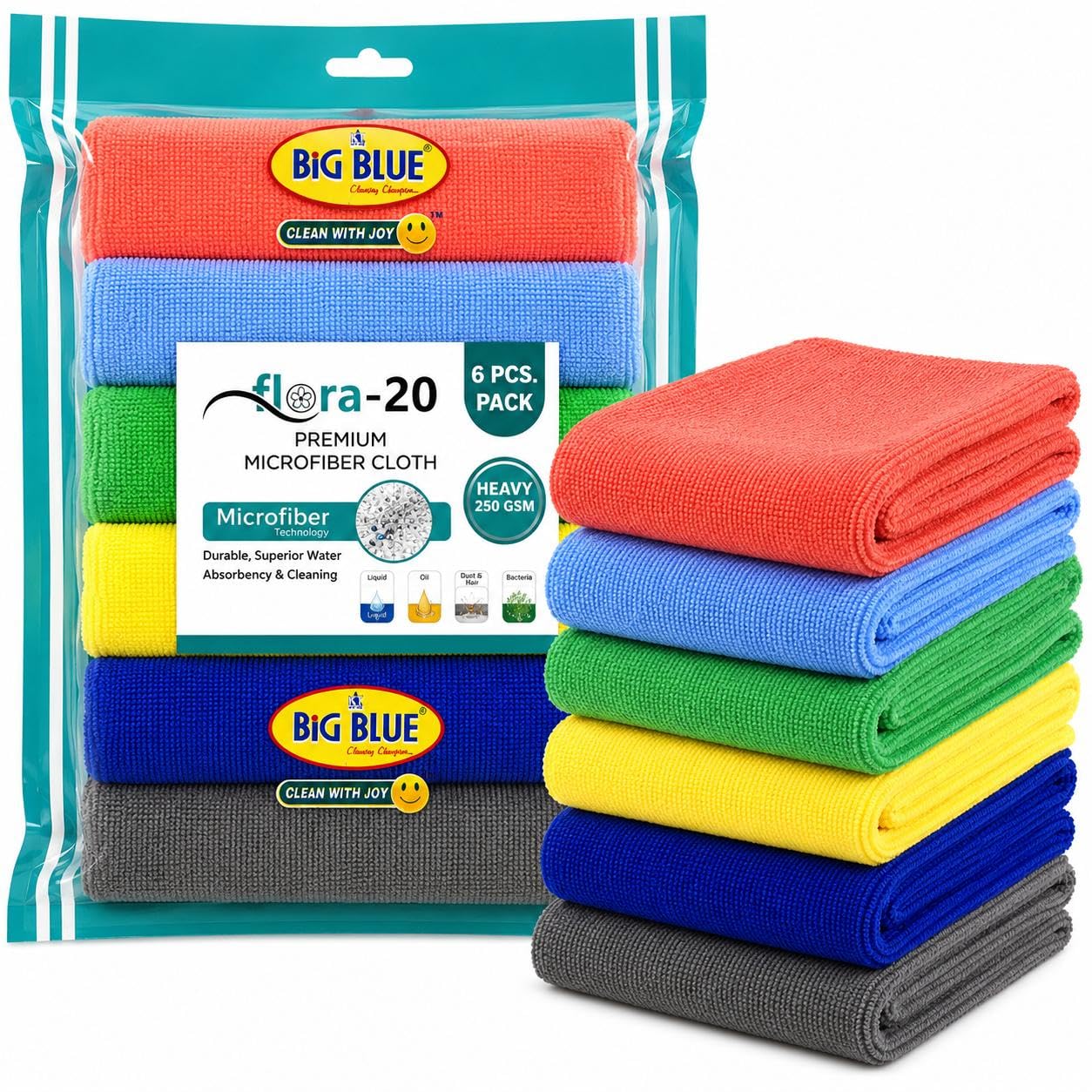 Big Blue Premium Microfiber Cloth, 40cmX40cm, Pack of 6,250 GSM,KT-817 | Super Absorbent, Scratch-Free, Lint & Streak-Free-image-3