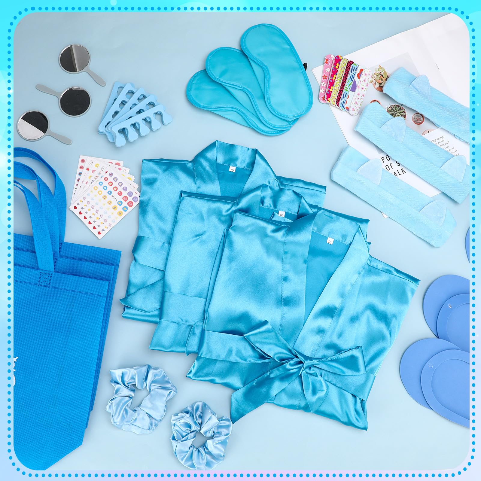Kit da 122 pezzi blu per feste spa per ragazze, confezione da 10 bomboniere per pigiama con accappatoi in raso, borse e accessori per saloni di bellezza per bambini, spa, compleanni