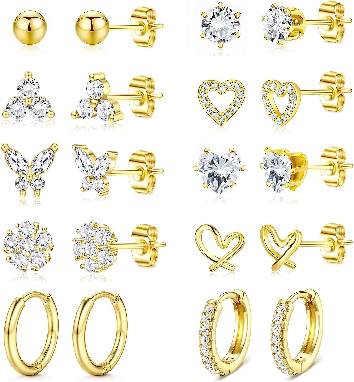 Gold/Silver Stud Earrings Set for Women Hypoallergenic 14K Gold Plated Small Earrings Studs Huggie Hoops Earring Stacks Jewelry