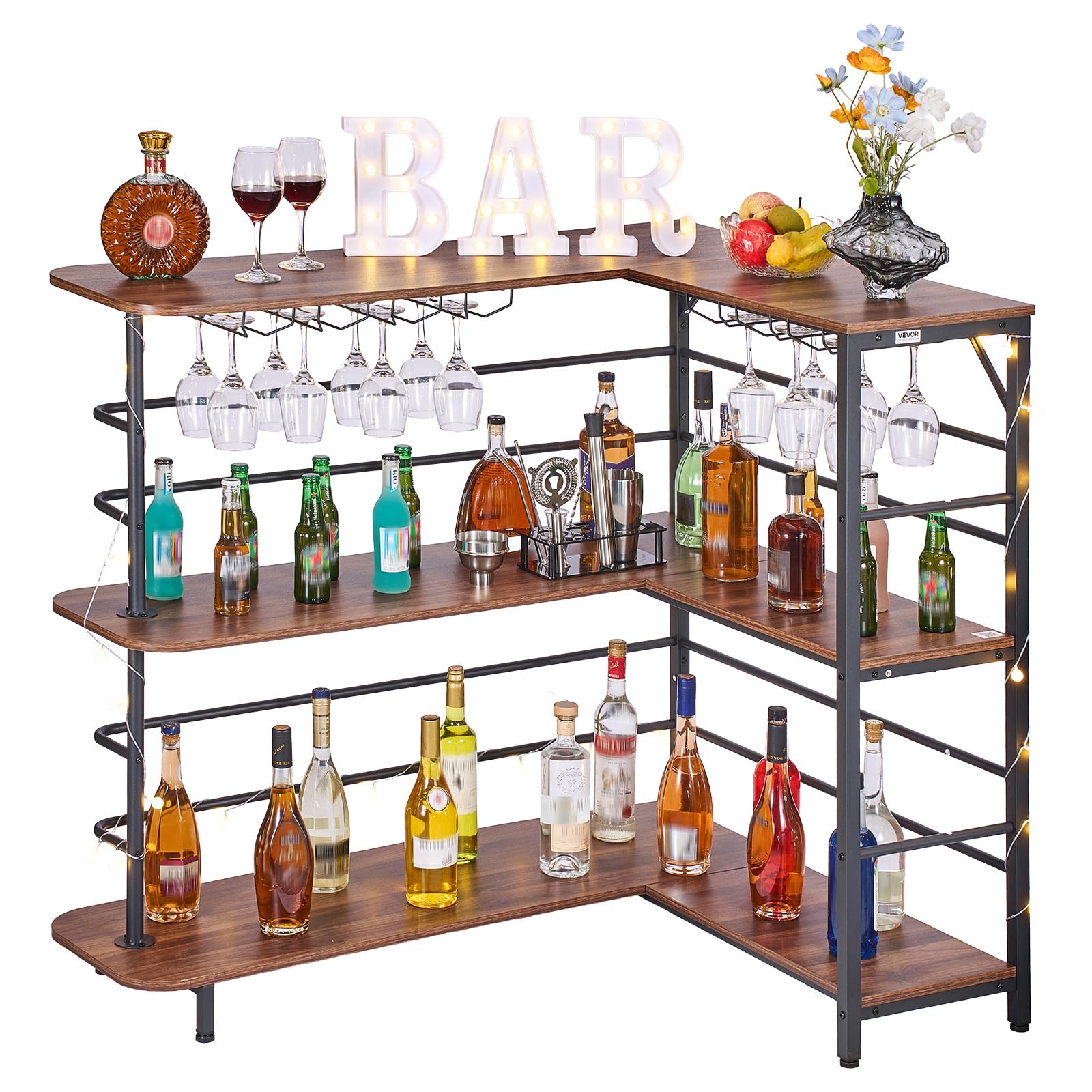 VEVOR Meuble Bar d’Angle, Bar de Salon 3 Niveaux, pour Bouteilles Verres Cuisine Maison Pub, Table de Bistro avec Étagères de Rangement et Éclairage LED, Finition Noyer et Structure Métallique