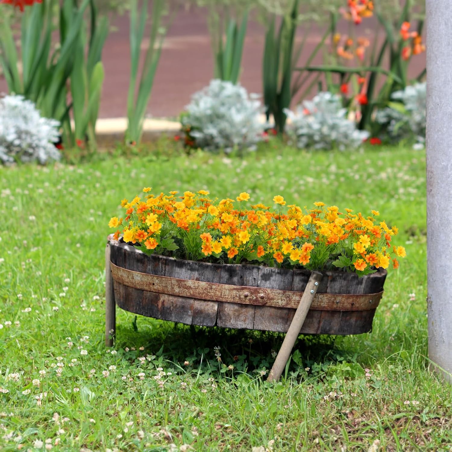 Artificial Daisy 8 Bundles Mums Flowers Outdoor UV Resistant Plants Fake Silk Flowers No Fade Greenery Shrubs Home Wedding Office Garden Porch Décor(Orange+Yellow) - Image 2