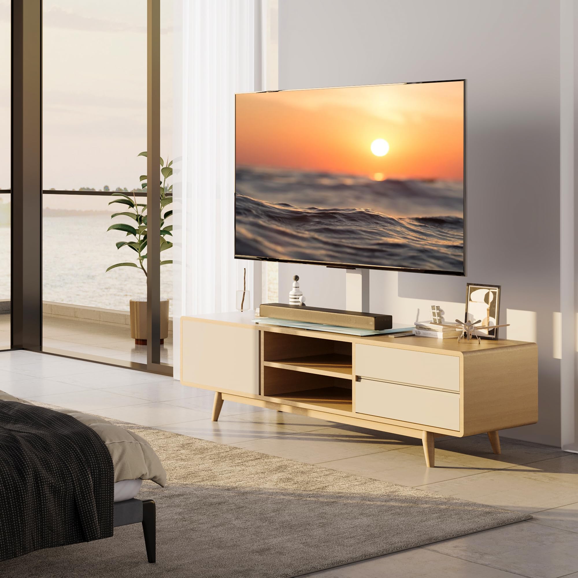FITUEYES Supporto TV da tavolo da 50-85 pollici, stabile piedistallo per TV con regolazione in altezza, girevole a 80° e base in vetro temperato, supporta 65 kg, VESA max 800 x 600 mm, bianco (Bianco)