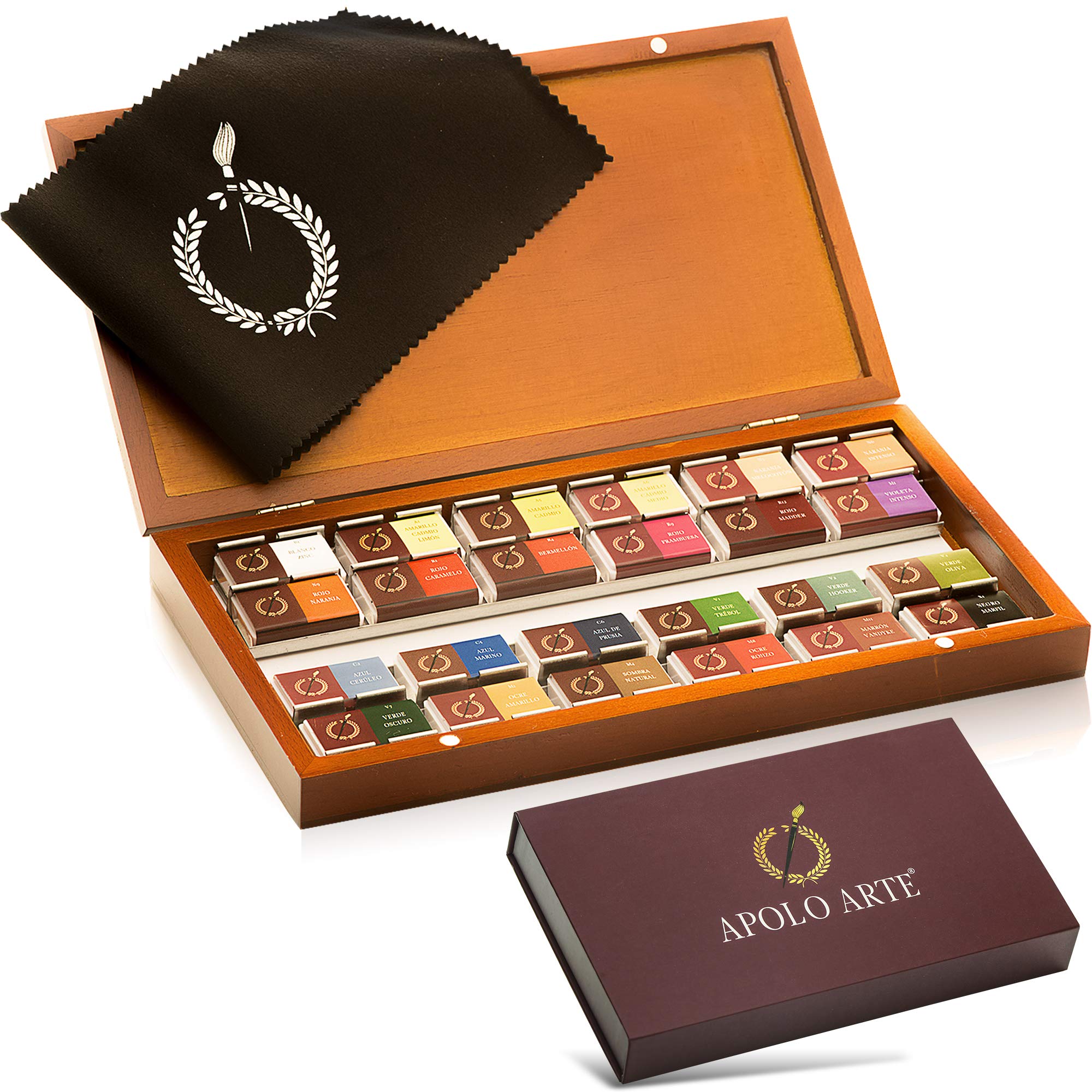 Professional Watercolour Paint Set | 24 Large Colours + Wooden Box + Cloth | Artist Quality, Professional Watercolour Paints