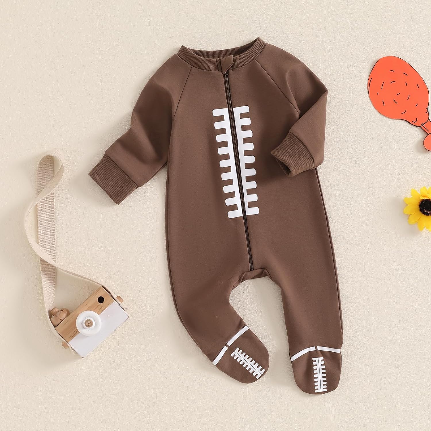 Qiylii Newborn Baby Boys Girls One Piece Football Footies Pajamas Zip-Up Footed Romper Jumpsuit Sleeper Infant Outfits Coffee 0-3 Months image 2 of 7 B0DF5H9WHR