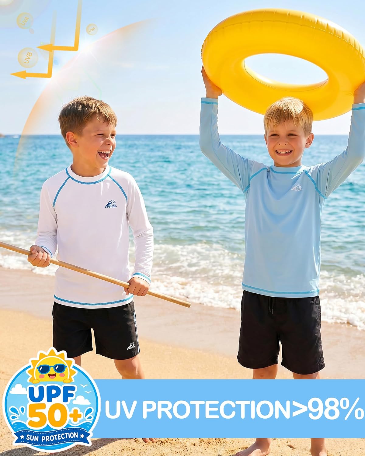Boys Rash Guard Long Sleeve, Kids Youth UPF 50+ UV Protection Sun Shirts, Quick Dry Swim Shirt for Surf Fishing