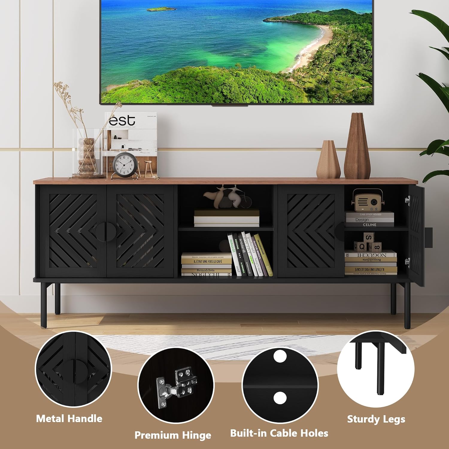 ARTPOWER 63" Modern TV Stands for Living Room, Long Entertainment Center with Storage, TV Console for 55 60 65 70 Inch TV, Bedroom TV Cabinet with Doors, Wood Media Console, Television Stand, Black