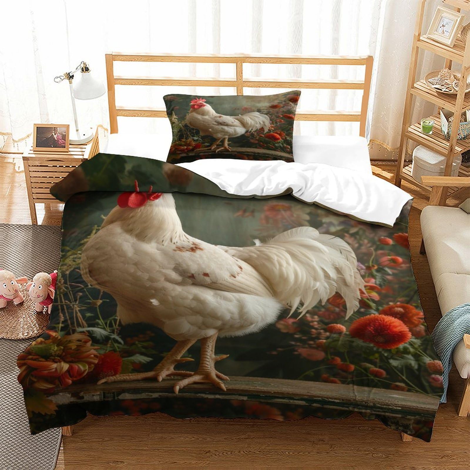 P1S9U7W5Y Country Farmhouse Rooster 3D Printed Duvet Cover Set 3pcs Microfiber Rural Chicken Bedding Set Single（135x200cm）
