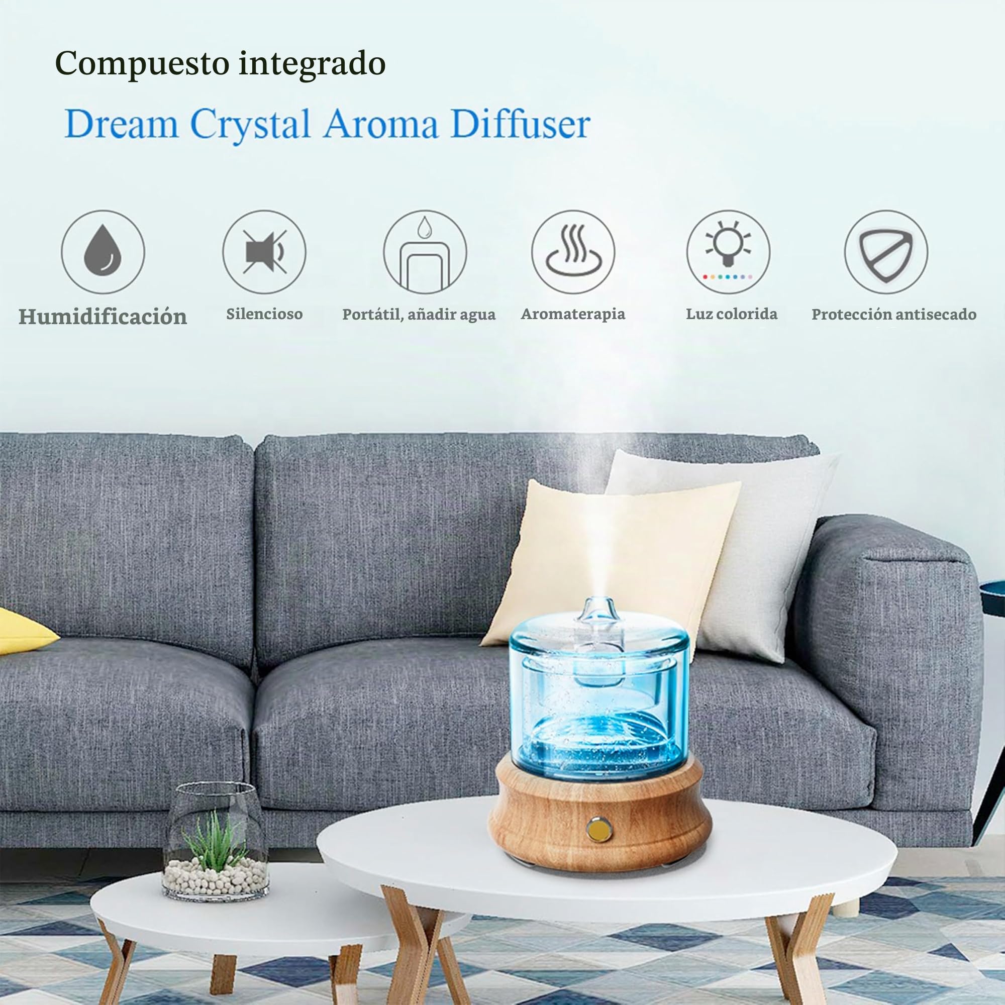 Alma Difusor de Aceites Esenciales – Difusor ultrasónico – Depósito de Vidrio 80 ml · 3,5 MHz – Aromaterapia – Base de Madera auténtica · LED · silencioso – hasta 6 h