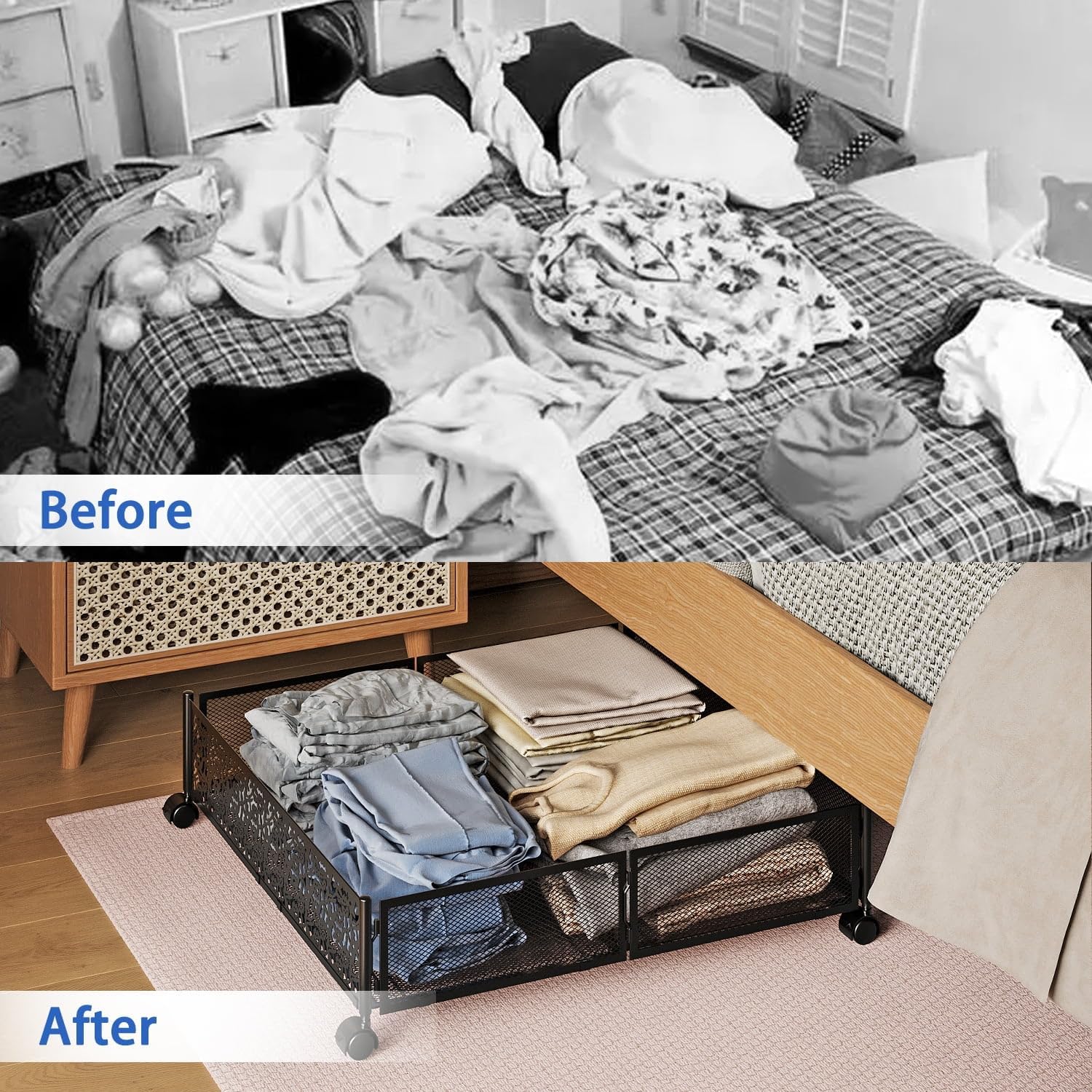 EAUSO Under Bed Storage Containers With Wheels, Foldable Bedroom Storage Organization With Handles, Under Bed Storage Bins Drawer For Clothes, Blankets And Shoes, Bedding (Black)360 DEGREE ROTATING WH