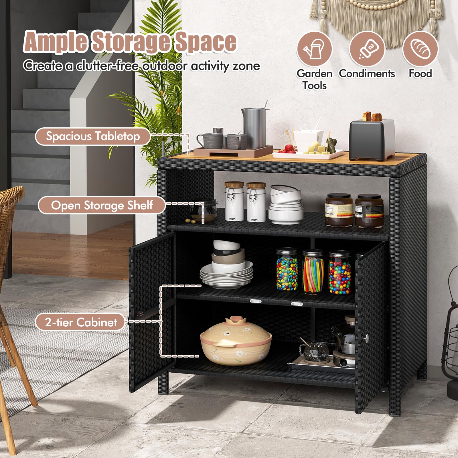 KOMFOTTEU Gartenschrank aus Rattan, Aufbewahrungsschrank Sideboard mit Arbeitsplatte aus Akazienholz, Garten Schuppen mit Doppeltüren, Rattanschrank 90 x 53 x 86 cm (Schwarz)