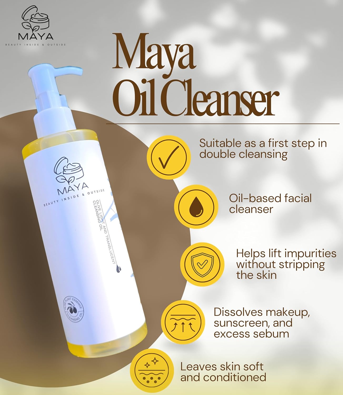 MAYA Olive Plant Essence Cleansing Oil – Makeup Removing Facial Cleanser for All Skin Types, Nourishing Plant Oils, Deep Pore Cleansing, Hydrating & Non-Greasy – 250 ml - Image 2