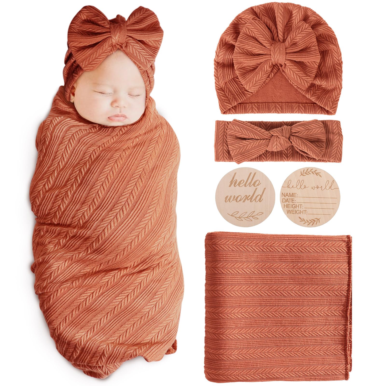 AQOKKA Newborn Receiving Blanket with Bow Hat Headband Wooden Card Set Wheat-Pattern Newborns Toddler Baby Boy Girl Nursery Swaddle Wrap