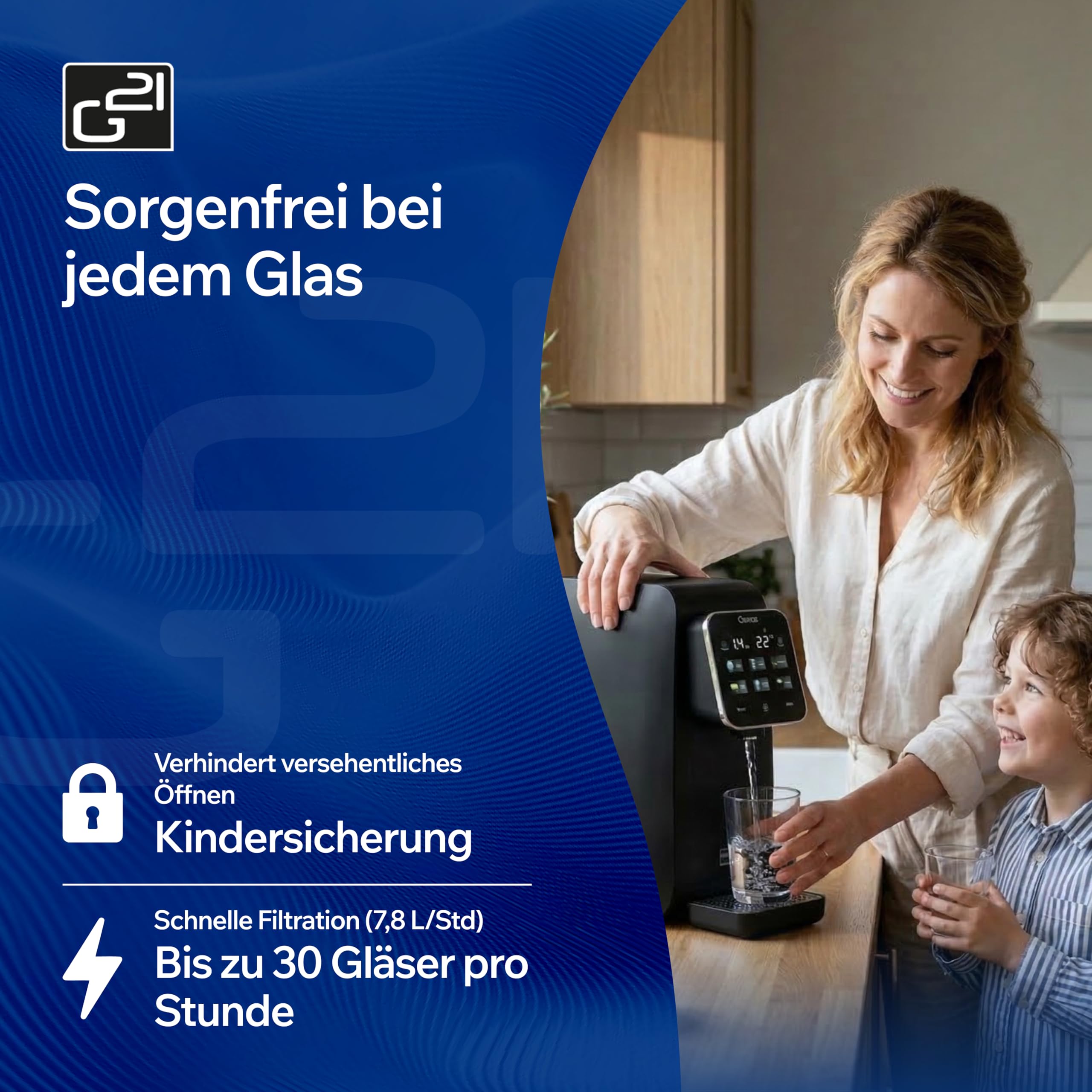 G21 Osmo Umkehrosmoseanlage Trinkwasser 3L 1:1 Rein- zu Abwasserverhältnis Heißwasserfunktion 6 Temperaturstufen 25-95°C Wasserqualitätsanzeige Kindersicherung Schwarz