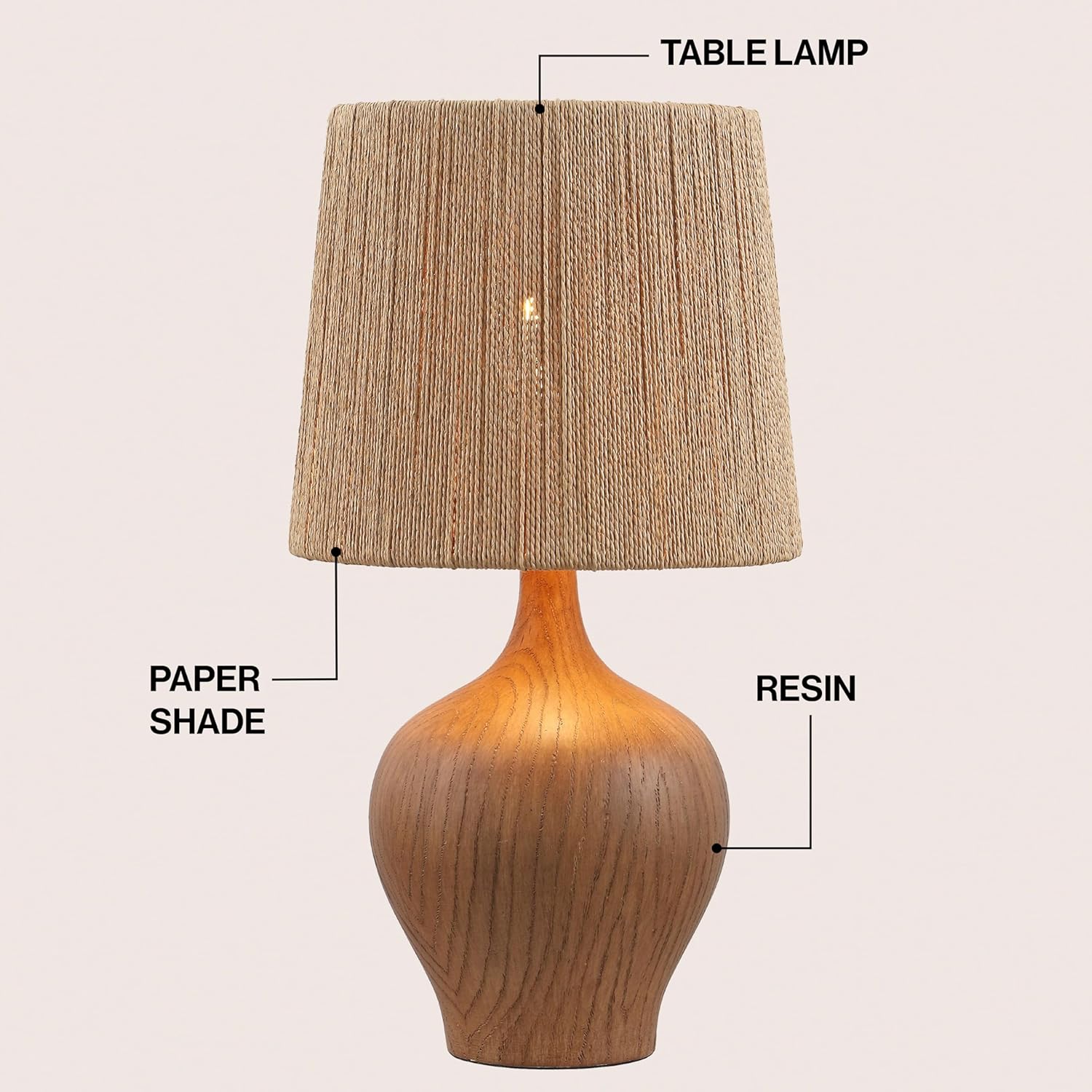 JONATHAN Y 23" Brown Wood Finish Rustic Farmhouse Resin Gourd LED Table Lamp for Bedroom, Living Room, Nightstand, with Brown Paper Rope Shade, LED Bulb Included JYL9200A
