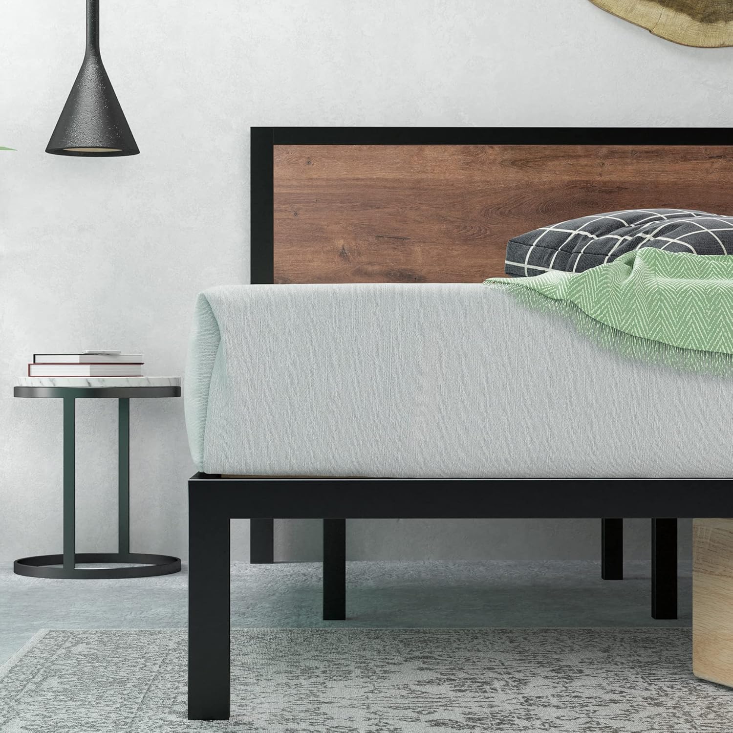 Zinus Mory Bed Frame with dimensions: 191cm length, 160cm width, 31cm height to frame, 97cm total headboard height.