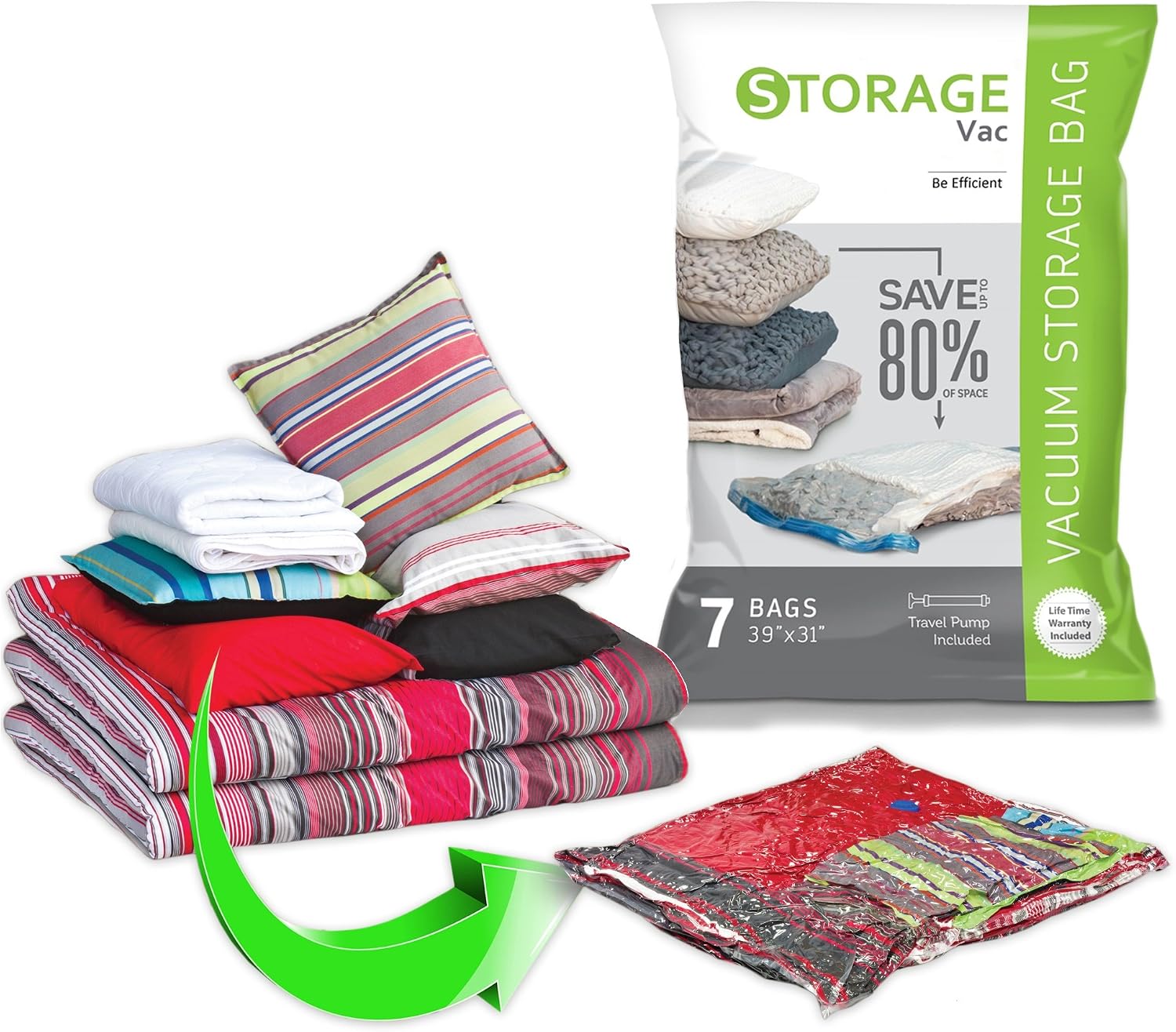 Storage Vac (7) Jumbo Vacuum Storage Bags (40" X 30" Inches Works with Any Vacuum Cleaner + Free Hand-Pump for Travel!) Double-Zip Seal and Triple Seal Turbo-Valve for 80% More Compression! 7-Pack