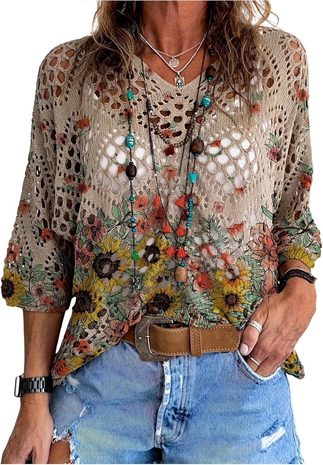 WDIRARA Women's Floral Crochet Sweaters 3/4 Sleeve Hollow Out Pullover Loose Knit Tops