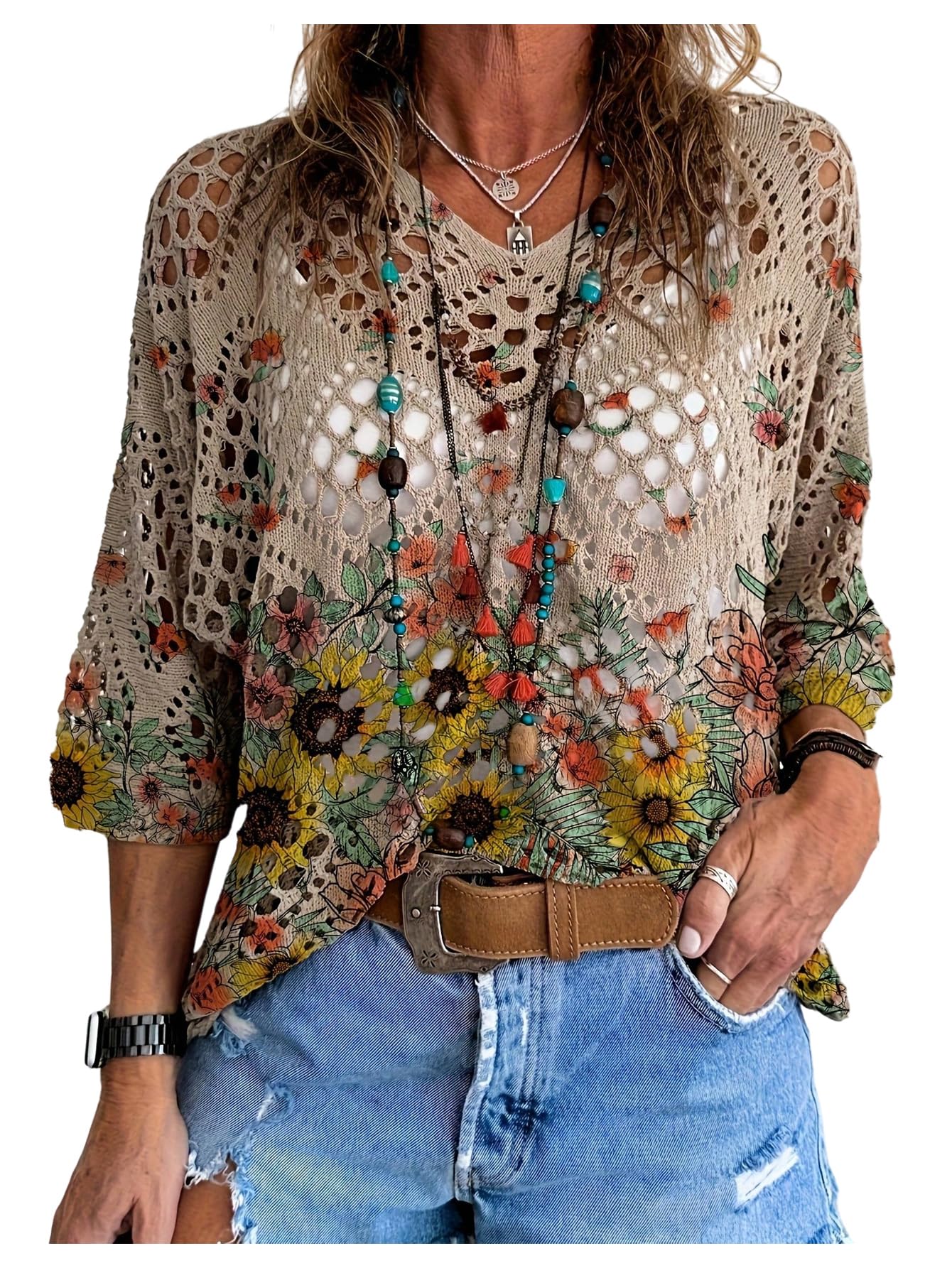 WDIRARA Womens Floral Crochet Sweaters 3 4 Sleeve Hollow Out Pullover Loose Knit Tops