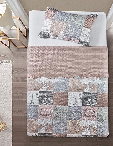 Miniatura 5 de Brilliant Sunshine Paris and Toile - Juego de edredón floral, juego de ropa de cama de 2 piezas con 1 funda, diseño de retazos, colcha lavable y