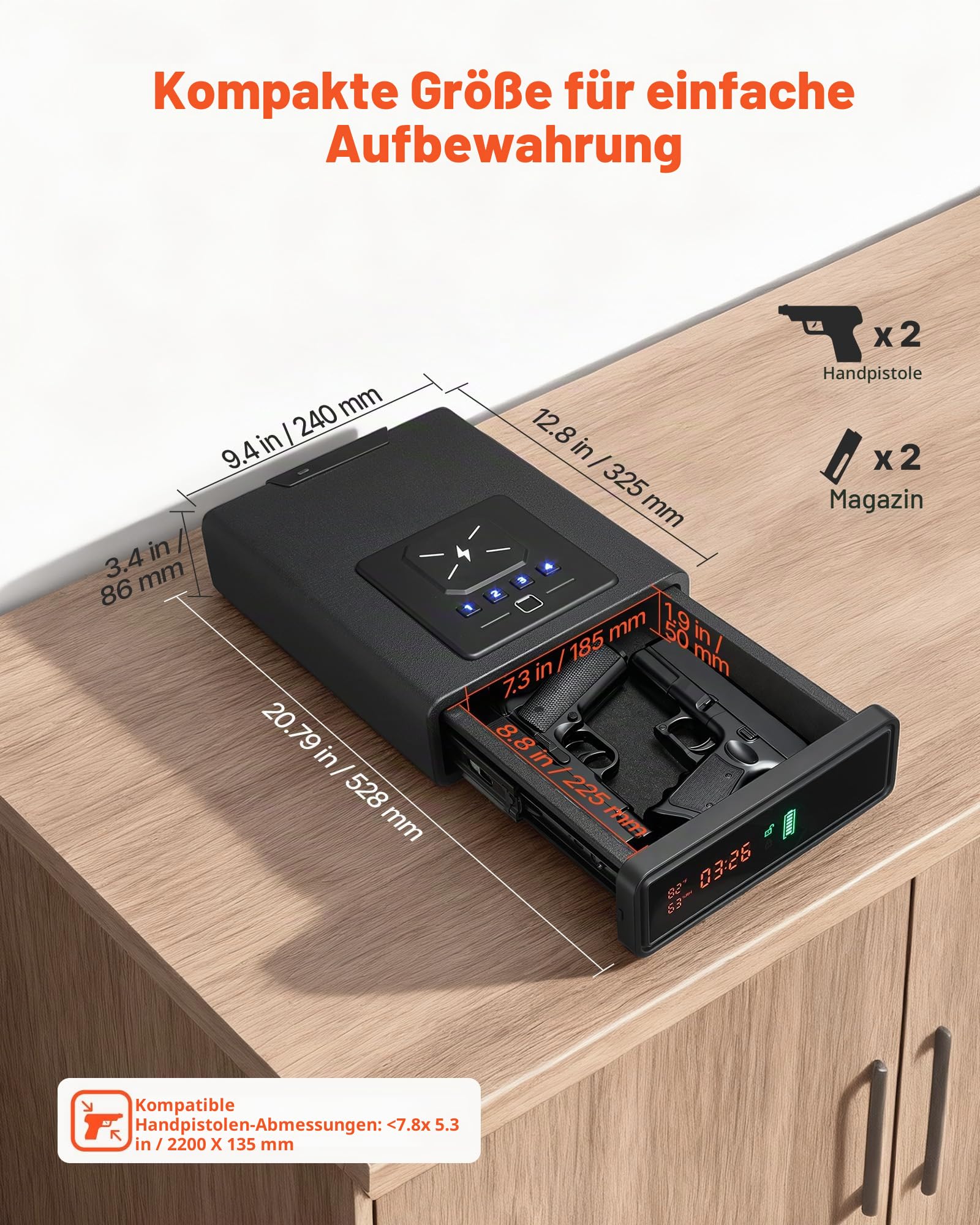 VEVOR Waffentresor Pistolentresor mit Fingerabdruck/Passwort/Schlüssel & 3-Wege-Schnellzugriffsschublade, Pistolensafe mit Bildschirm für 2 Pistolen und Magazine, kabelloses Laden, Schwarz