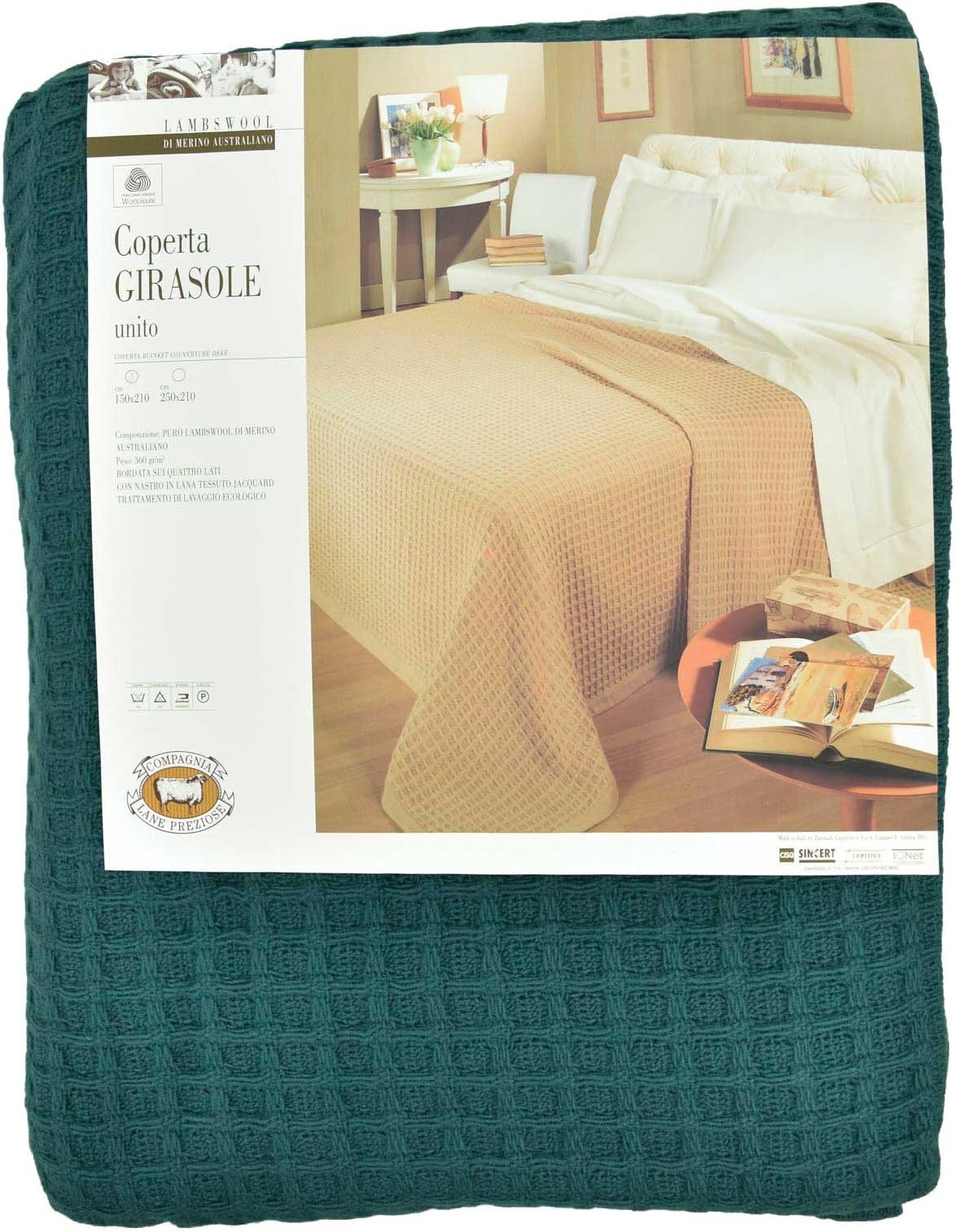 Compagnia Lane Preziose Dark Green Blanket Pure Wool honeycomb 360 gr - Green, Single