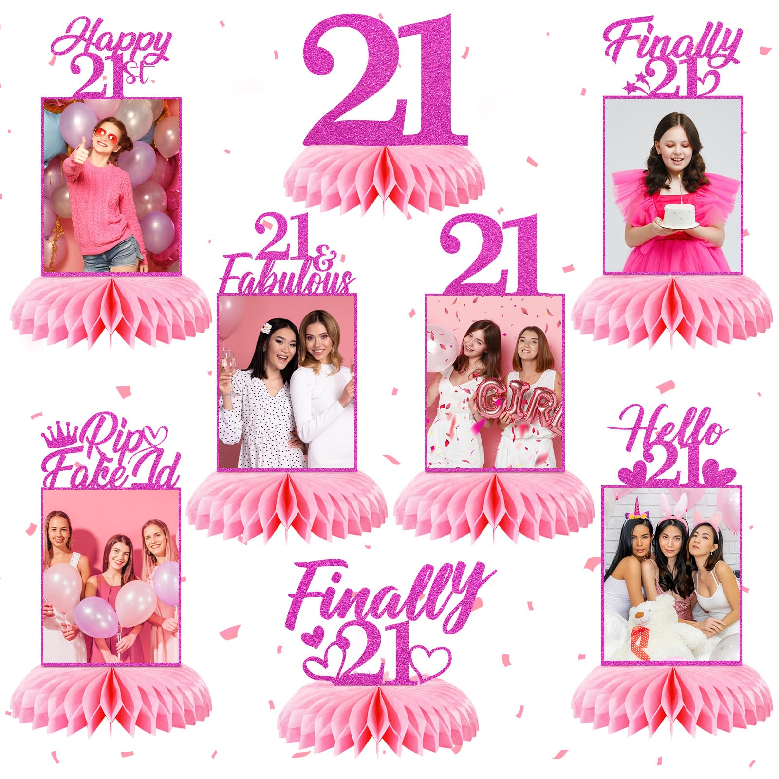 8Pcs Hot Pink Happy 21st Birthday Decorations Honeycomb Centerpieces for Her, Pink Glitter Finally 21st Birthday Photo Table Centerpieces Twenty-one Years Old Birthday Table Topper Party Supplies