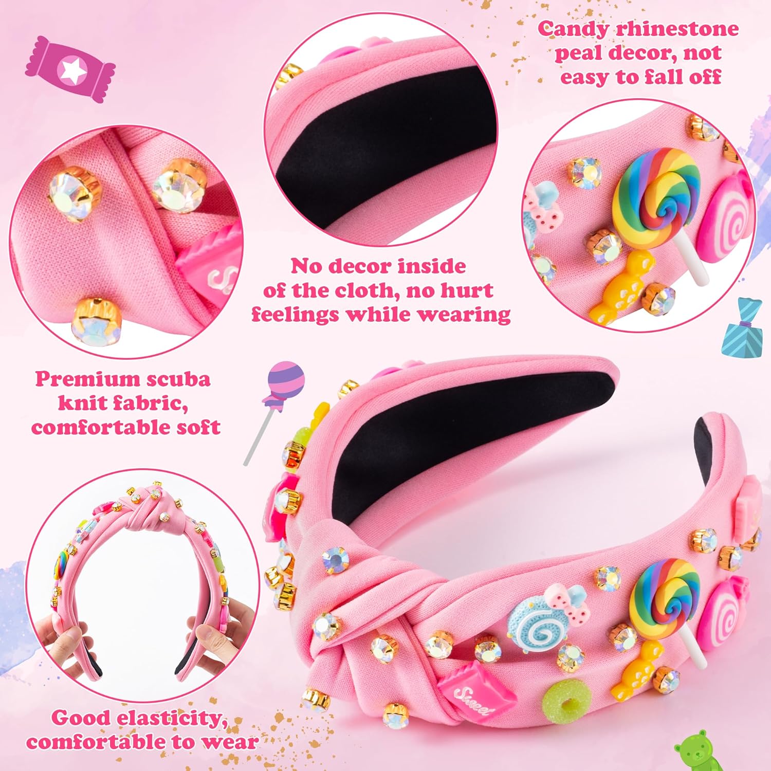 PANTIDE Candy Jeweled Knotted Headband - Valentine's Day Rainbow Lollipop Rhinestone Embellished Preppy Headband Non Slip Wide Top Knot Hairband Hair Accessories Birthday Gift for Women Girls (Pink) - Image 3