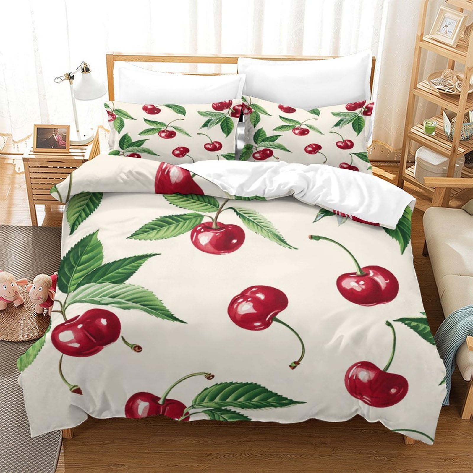 Wxlwhr Boys Style-9 Cherry Duvet Cover Set Soft Polyester 3 Piece Bedding Set Cherries Leaves Comforter Cover With Pillow Cases For Teenage Double（200X200cm）