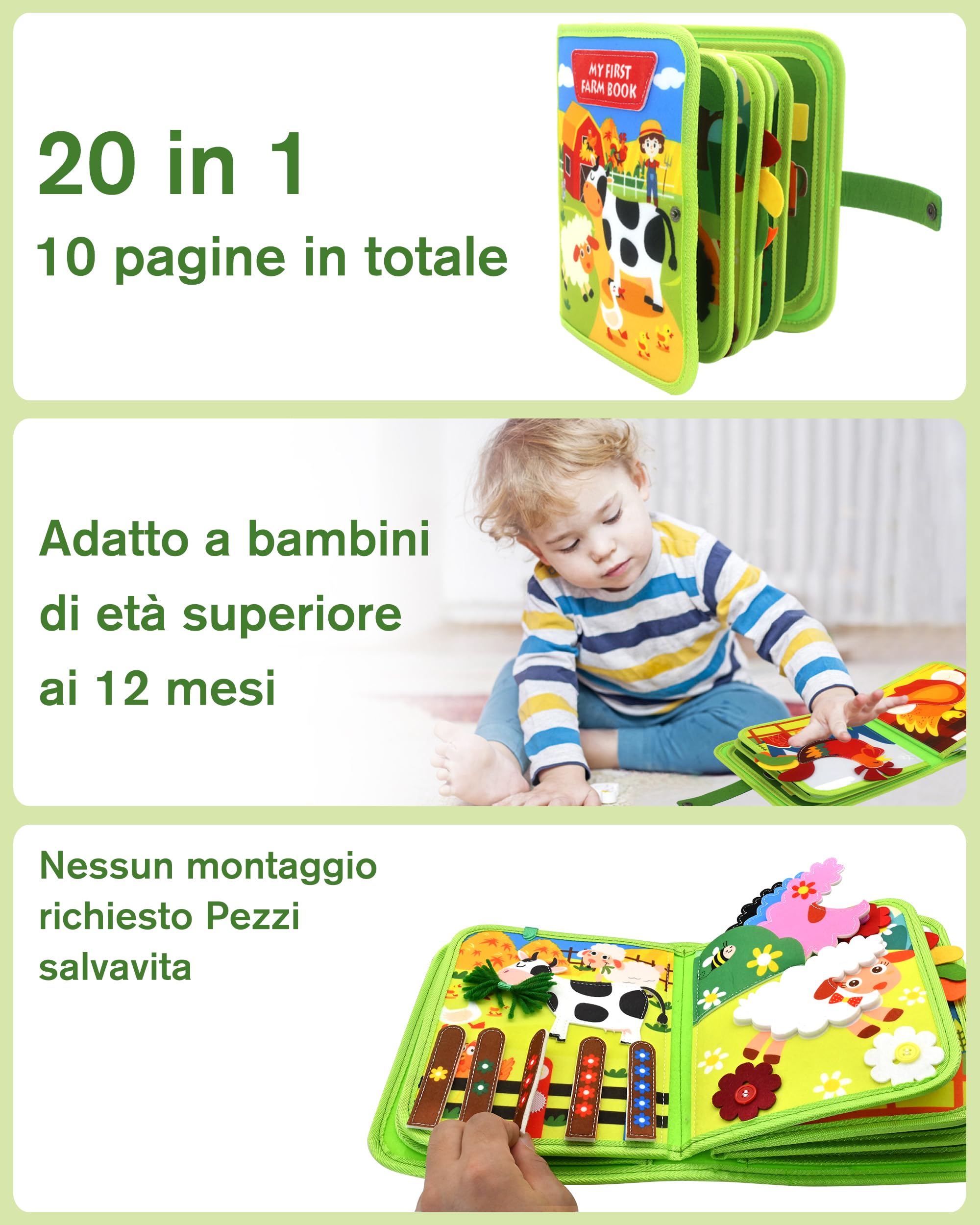 Meafeng Busy Board Libro Montessori Interattivo 1 Anno, Quiet Book sensoriale educativo, Giochi Montessori 1 2 3 4 5 6 Anni, Pannello di Feltro attività, Valigetta Montessori Bambini
