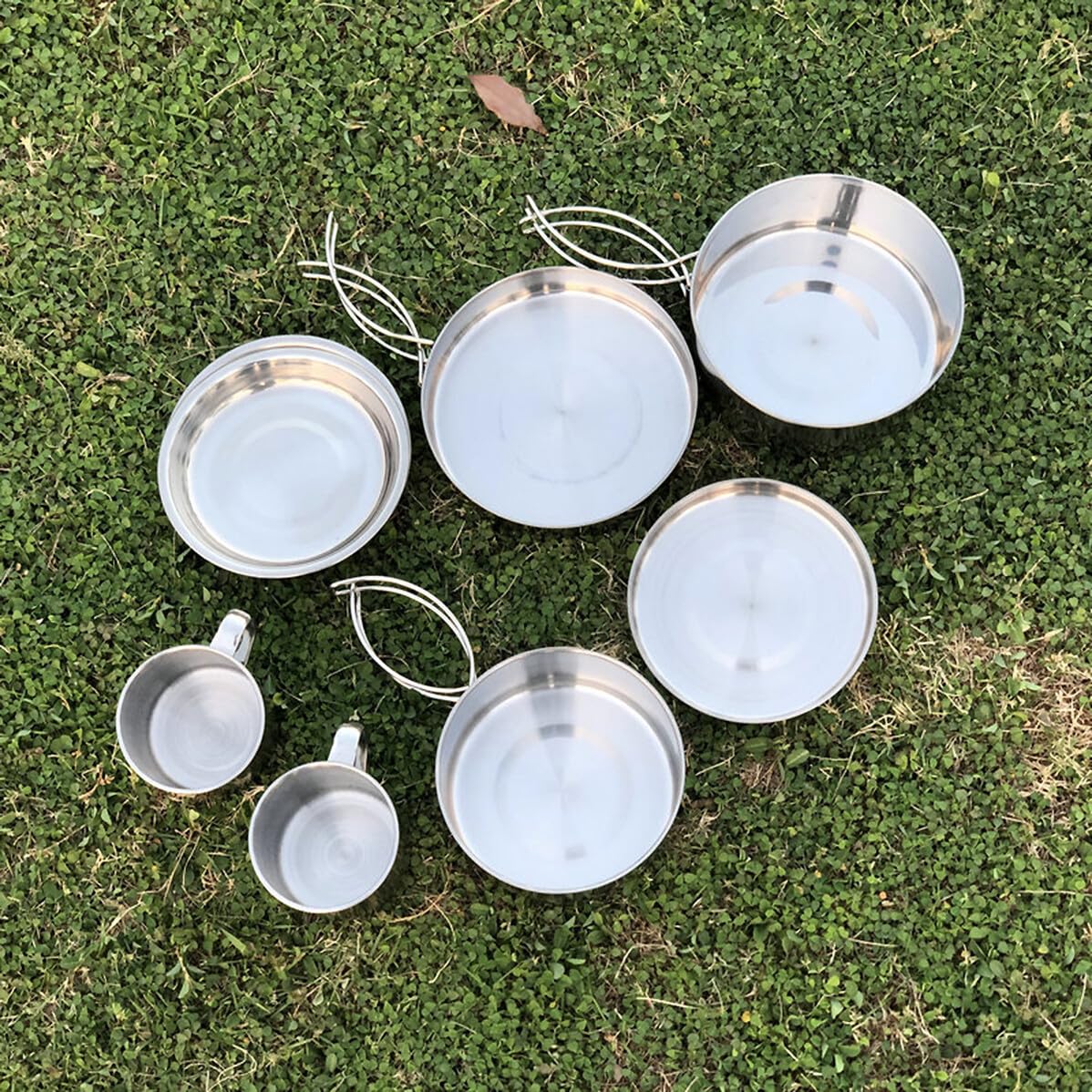 Zerodeko Ensemble Cuisine de Camping en Acier Inoxydable Poignées Pliables, Multi-Fonction, Comprenant Casserole, Poêle, Assiettes et Tasses pour Randonnée et Pêche