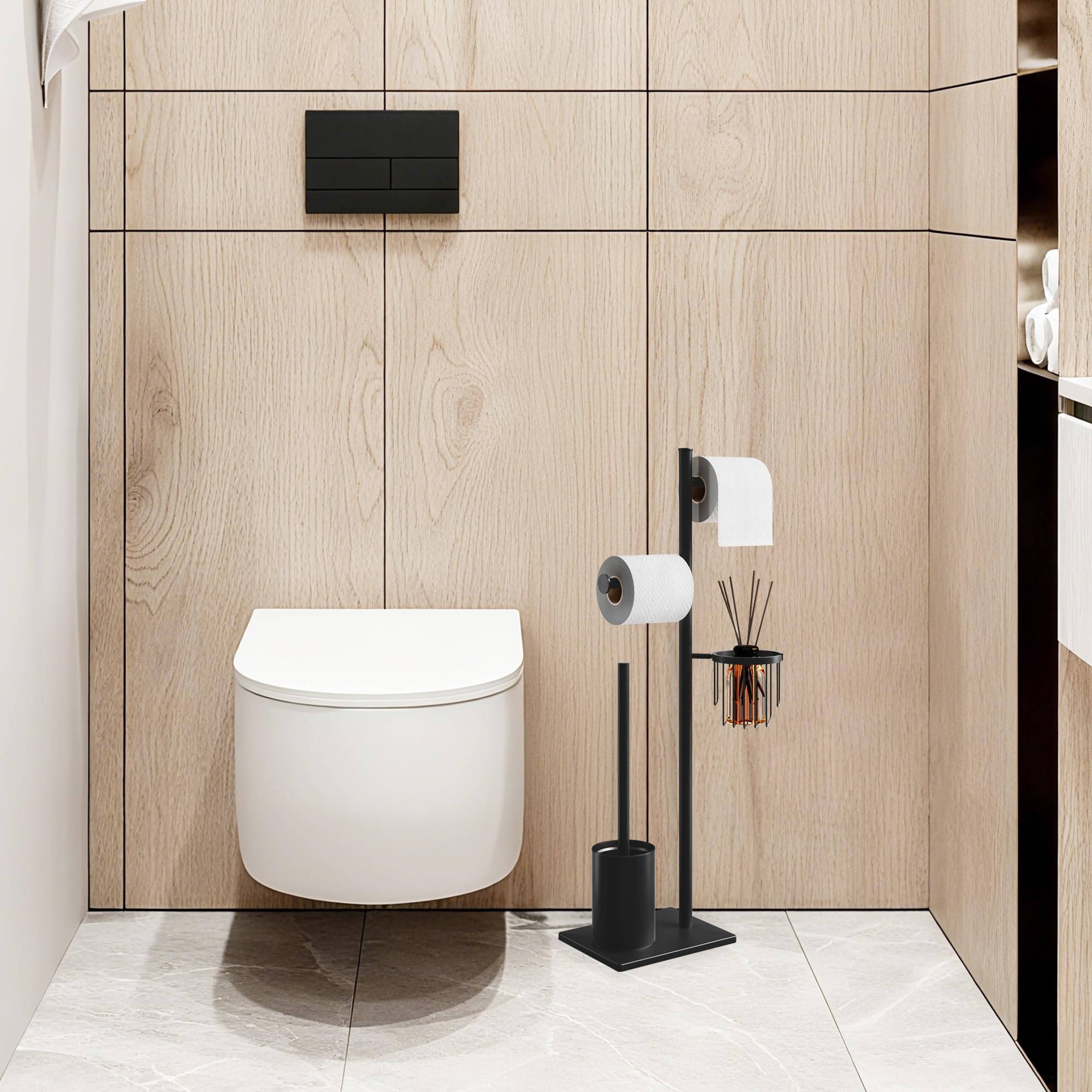 Porta carta igienica set in acciaio inox Nero, autoportante, completo di scopino WC e cestino porta oggetti, perfetto per organizzare il bagno con eleganza e praticità