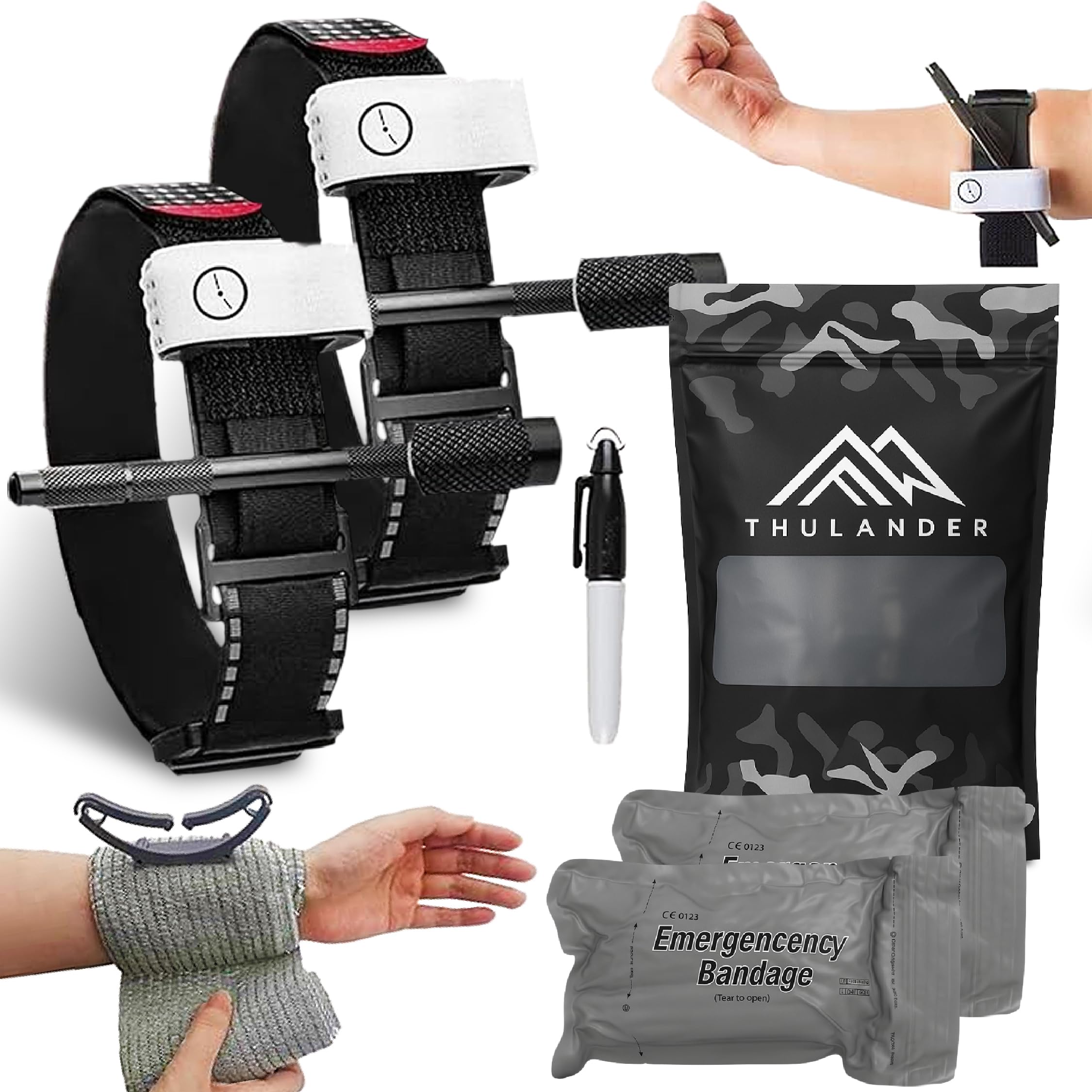 Thulander Pack 2 Torniquetes Tactico + 2 Vendajes Israeli Botiquin Primeros Auxilios para Hemorragias Control Perdida de Sangre Kit de Emergencia para Supervivencia Uso Militar Policial IFAK
