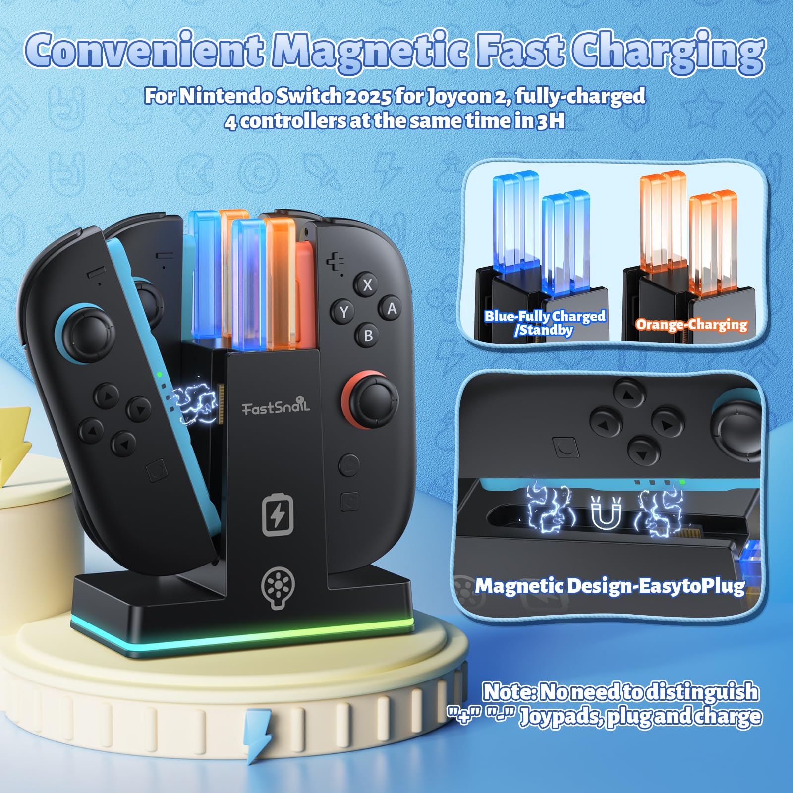 FASTSNAIL RGB Caricatore per Switch 2, Dock di ricarica compatibile con Switch 2 per Joycon 2, Controller accessorio per Switch 2, 9 modalità di luce RGB(NON per Switch 2017/OLED)