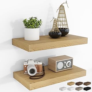 RICHFOCUS 16Inch Floating Shelves for Wall 2 Pack Shelves for Bedroom|Kitchen|Bathroom Wall Mounted Rustic Wood Floating Shelf with Invisible Brackets for Books|Storage|Decor, Oak