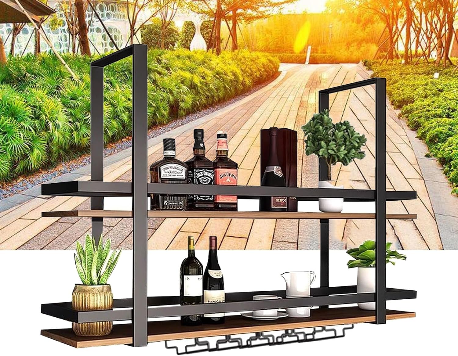 2 Tier Ceiling Hanging Wine Glass Holder - Ceiling Shelf, Kitchen Hanging Storage Rack, Wall Mounted Solid Wood Wine Glass Holder with Guard Rails, for Kitchen/LOFT/Bar(Size:140 * 30)
