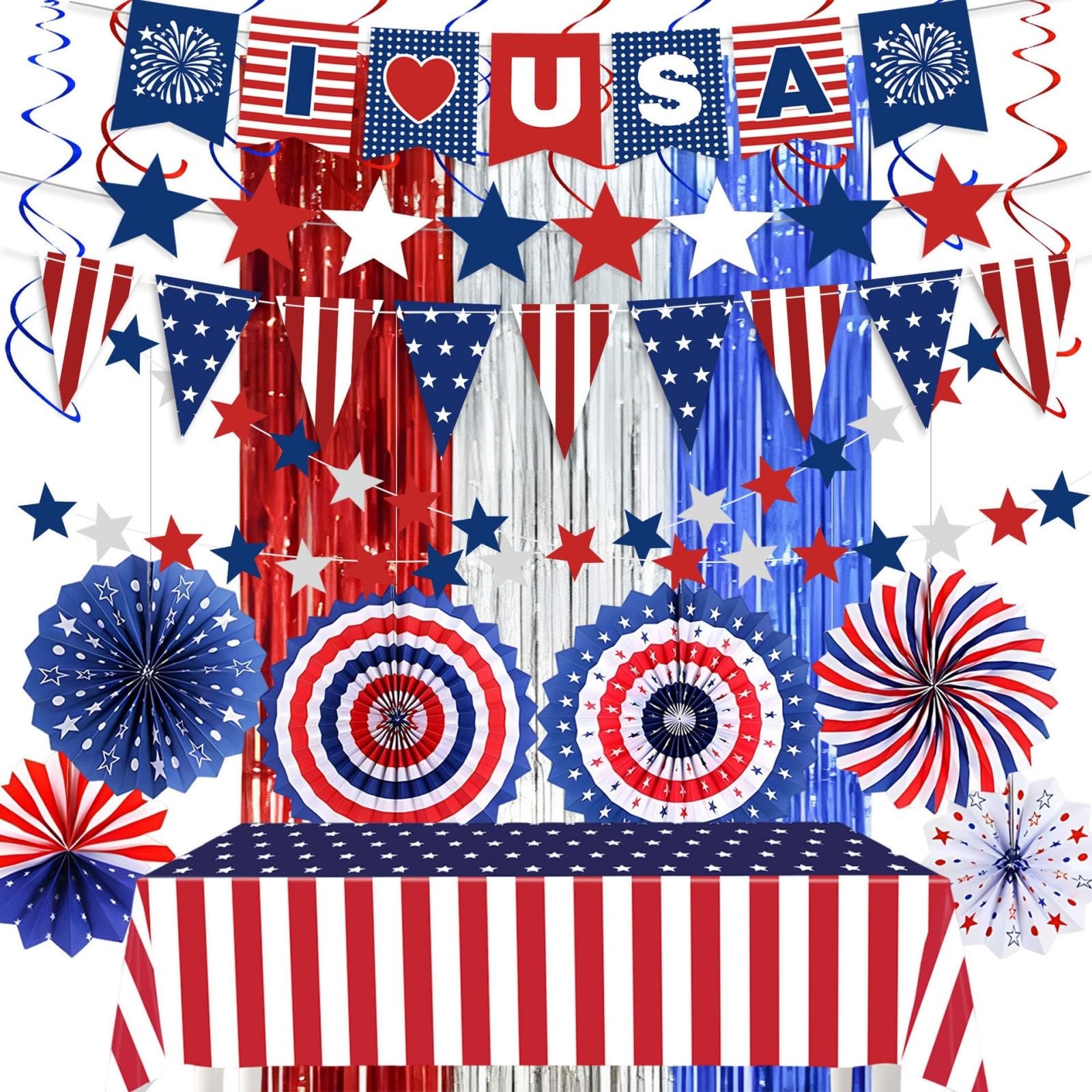Decoraciones patrióticas del 4 de julio, abanicos de papel rojo, blanco y azul, pancartas y colgantes del 4 de julio, adecuadas para decoraciones de fiesta del Día de la Independencia del 4 de julio