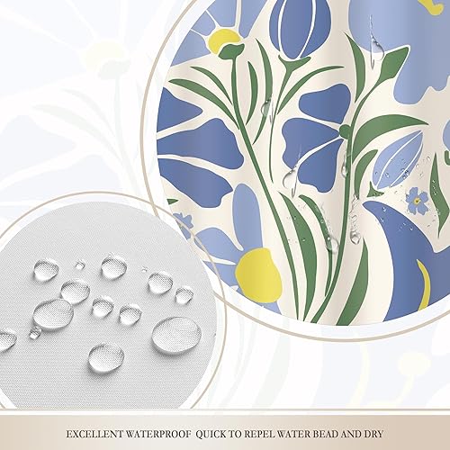 Miniatura 7 de Glawry Cortina de ducha bohemia azul y verde, abstracta, linda, azul marino, Matisse, floral, flores, hojas, retro, Groovy, baño, moderno, 60