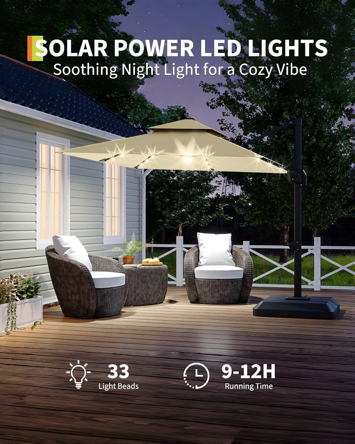 Garvee 10 ft Cantilever Patio Umbrella with Solar Lights, 360° Rotation Offset Umbrella, Easy Crank & Tilt Adjustment, UV Protection for Backyard, Poolside, Deck -Beige