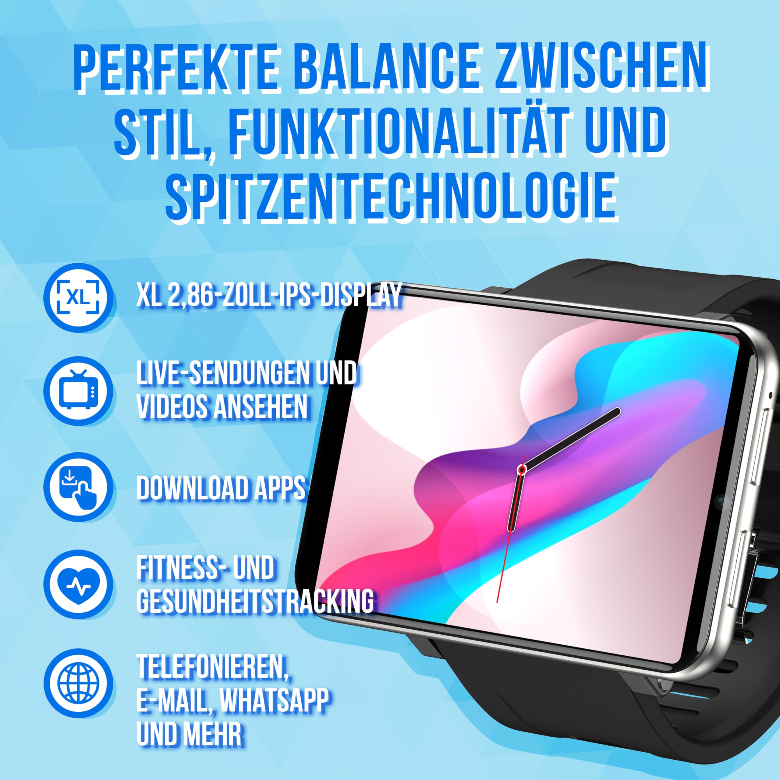 Silvergear® Smartwatch Männer & Frauen XL | 2.4 Zoll Touchscreen | Extra große Smart Watch | 16GB Speicher | Kamera, Anrufe, Apps | Fitness Uhr mit Herzfrequenzmesser | Schrittzähler | iOS, Android |