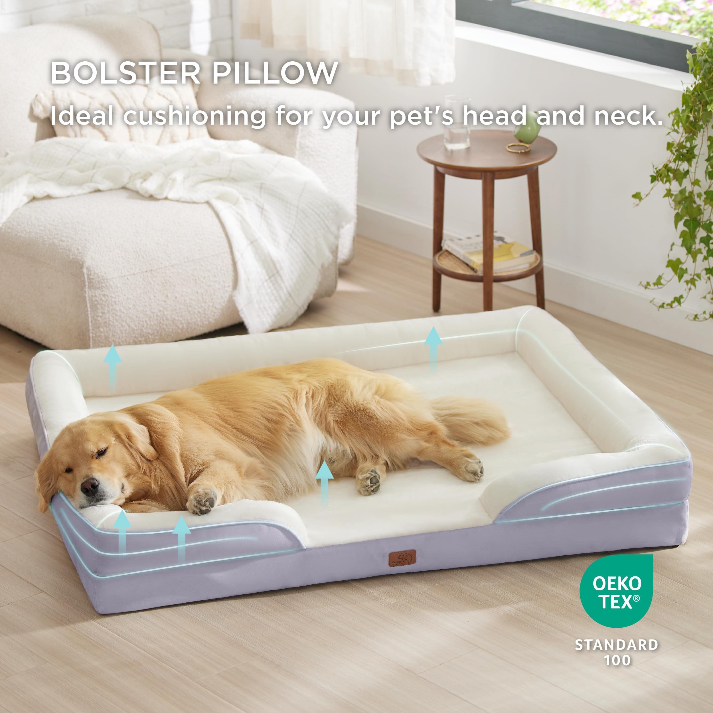 Bedsure Letto per Cani Grande 134x106x20cm - Divano per Cani Taglia Grande in Uovo Foam, Colore Lilla, Cuscino per Cani Sfoderabile e Lavabile