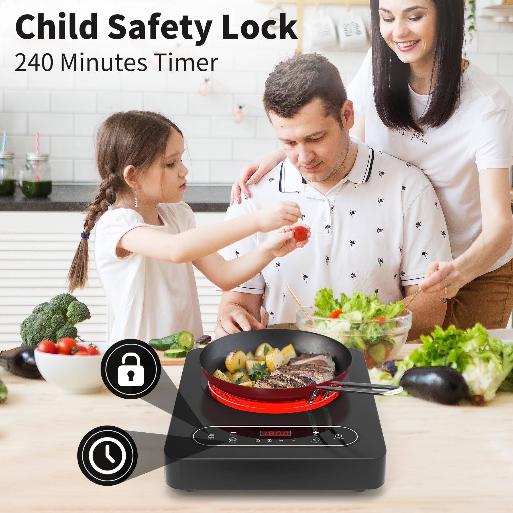 Cocina eléctrica de un solo quemador, estufa eléctrica de 110 V 1800 W con control táctil LED, 10 niveles de potencia, 4 horas, bloqueo de seguridad, cocina portátil, protección contra 6