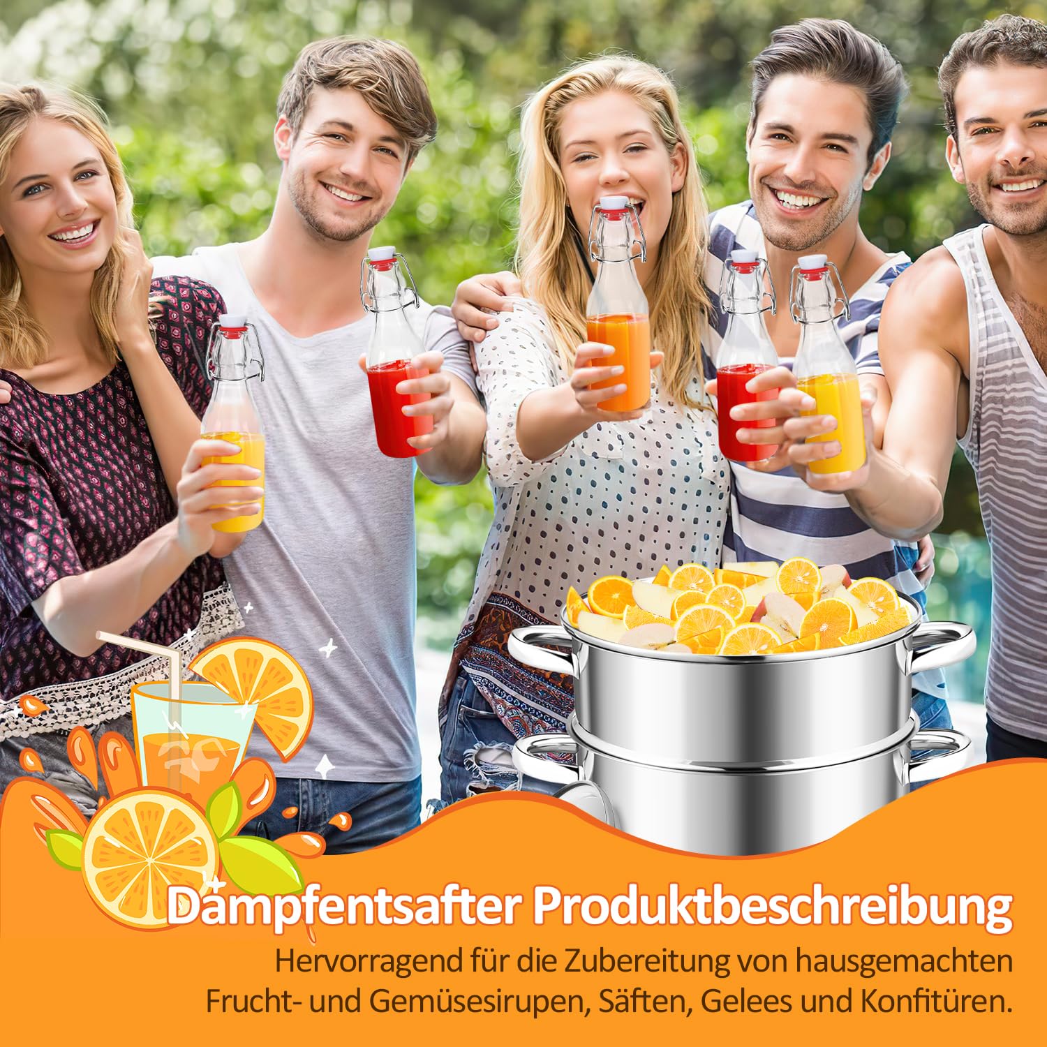Dampfentsafter Ø26/16L Edelstahl Entsafter Saftpresse für alle Herdarten geeignet, Wasserbehälter ca. 4.5Liter, Schonendes Entsaften von Obst und Gemüse, mit 4 Bügelflasche, Silber