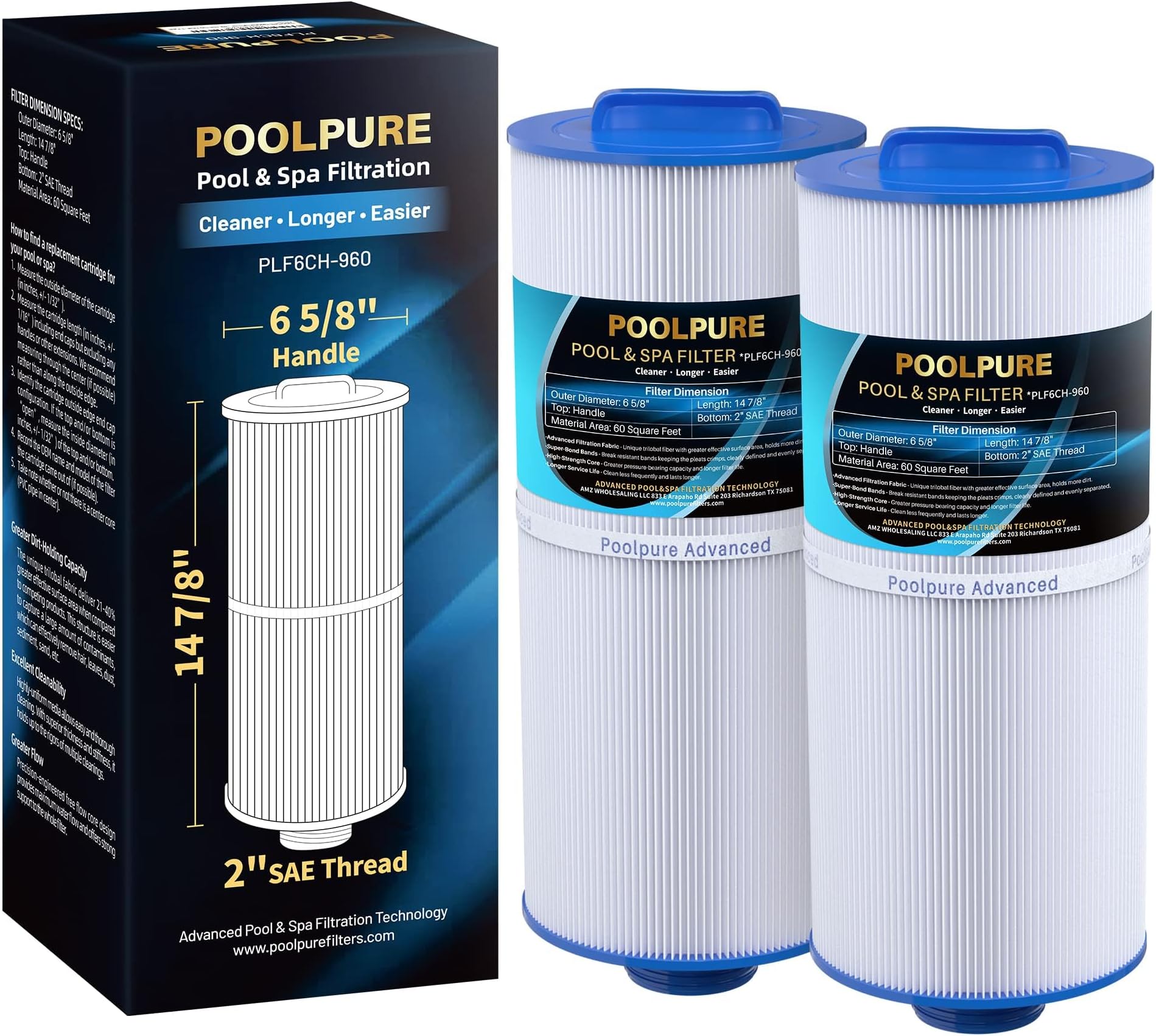POOLPURE 6CH-960 Spa Filter Replaces Jacuzzi Filters J-300, J400, 6540-383